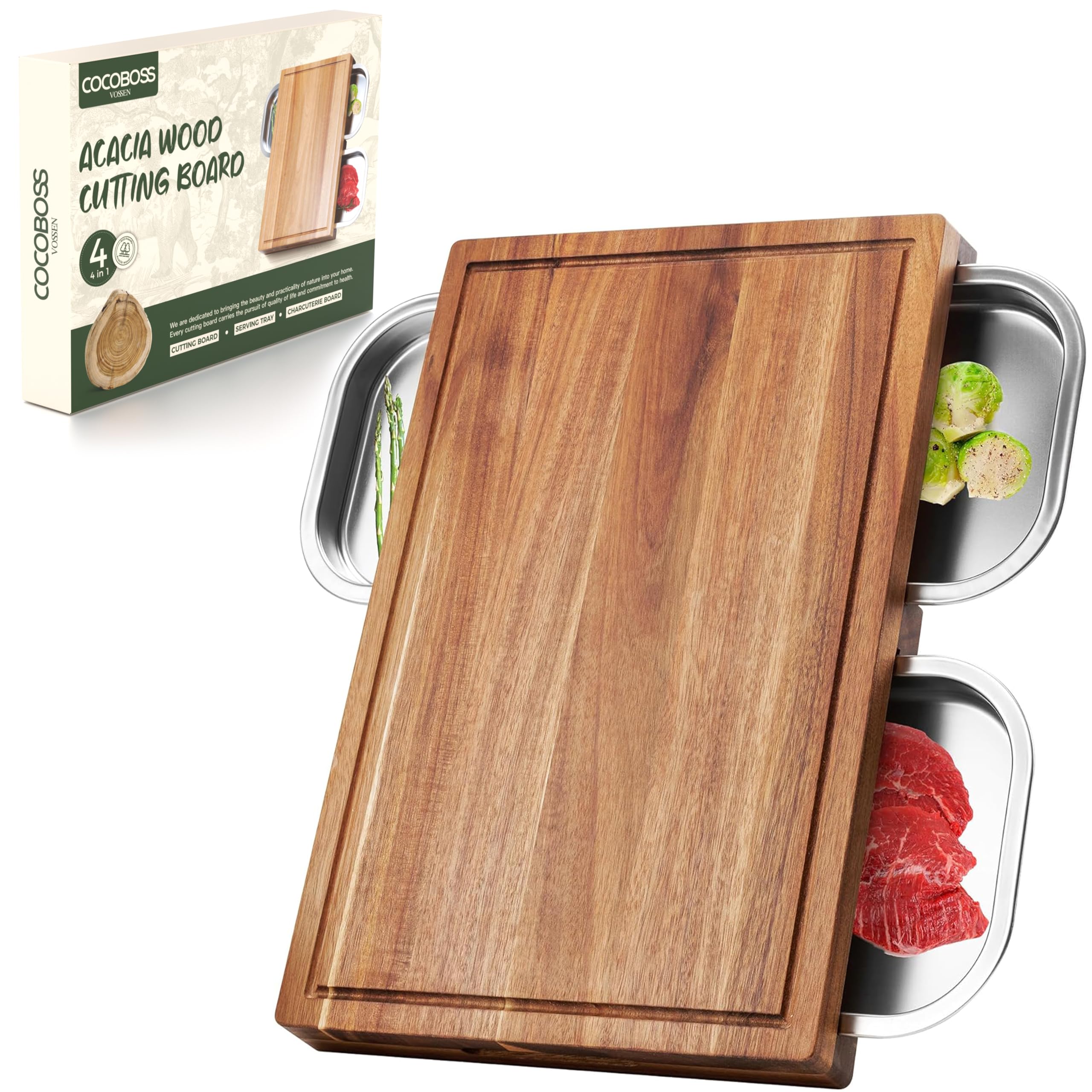 Tabla de cortar con bandeja recogedora, 44,5 x 30 x 6 cm, madera de acacia, tabla de cortar con 3 bandejas colectoras, tabla grande de madera de cocina