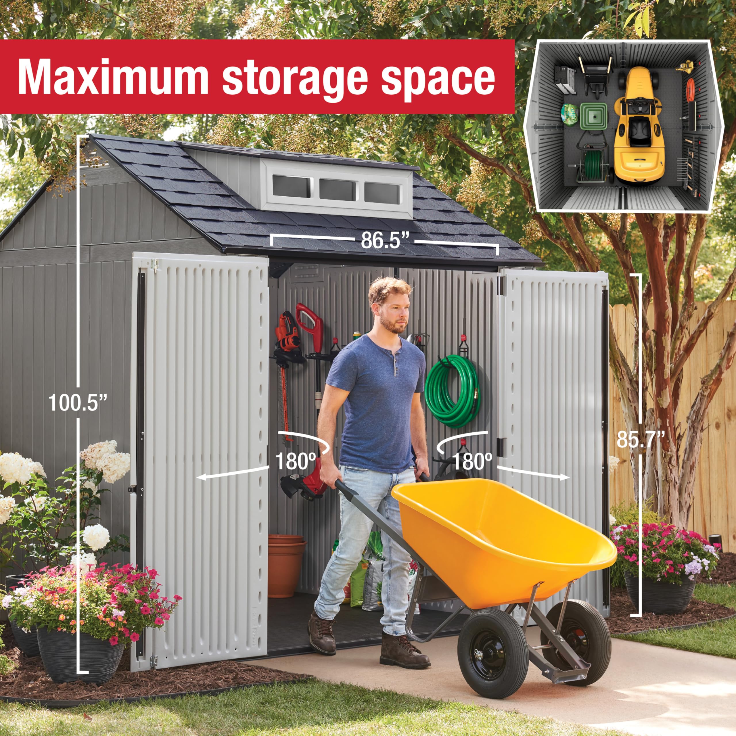 Rubbermaid Resin Outdoor Storage Shed With Floor (7 x 7 Ft) Weather Resistant Gray Organization for Home/Backyard/Garden Tools/Lawn Mower/Bike Storage/Pool Supplies