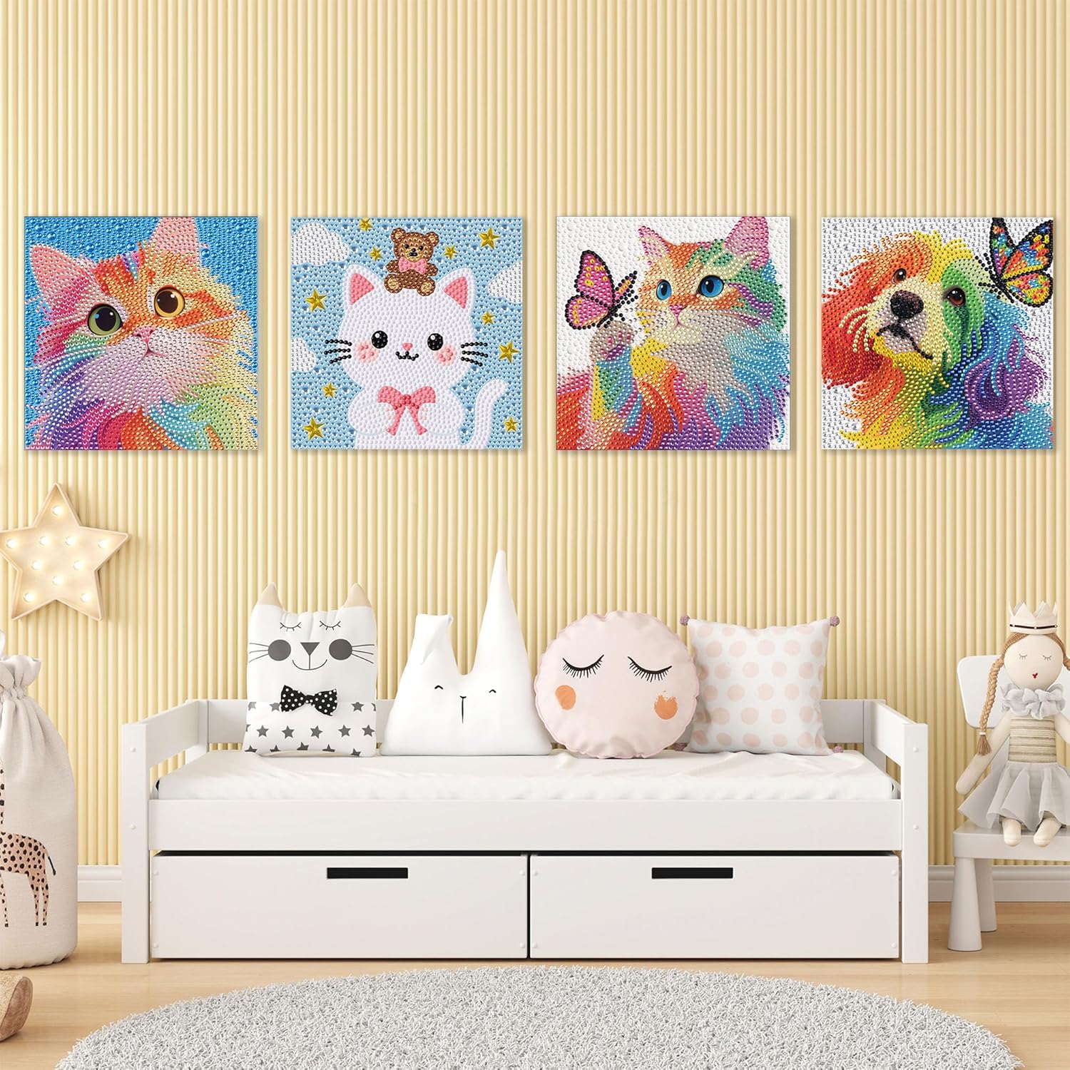 geesfayan 4 Pack Diamond Art Kit for Kids 6 Inch DIY Animal Gem Art with 4 Tools Sets, Gem Painting for Beginners, Creative Craft Gift for Teens & Kids（cat Dog）