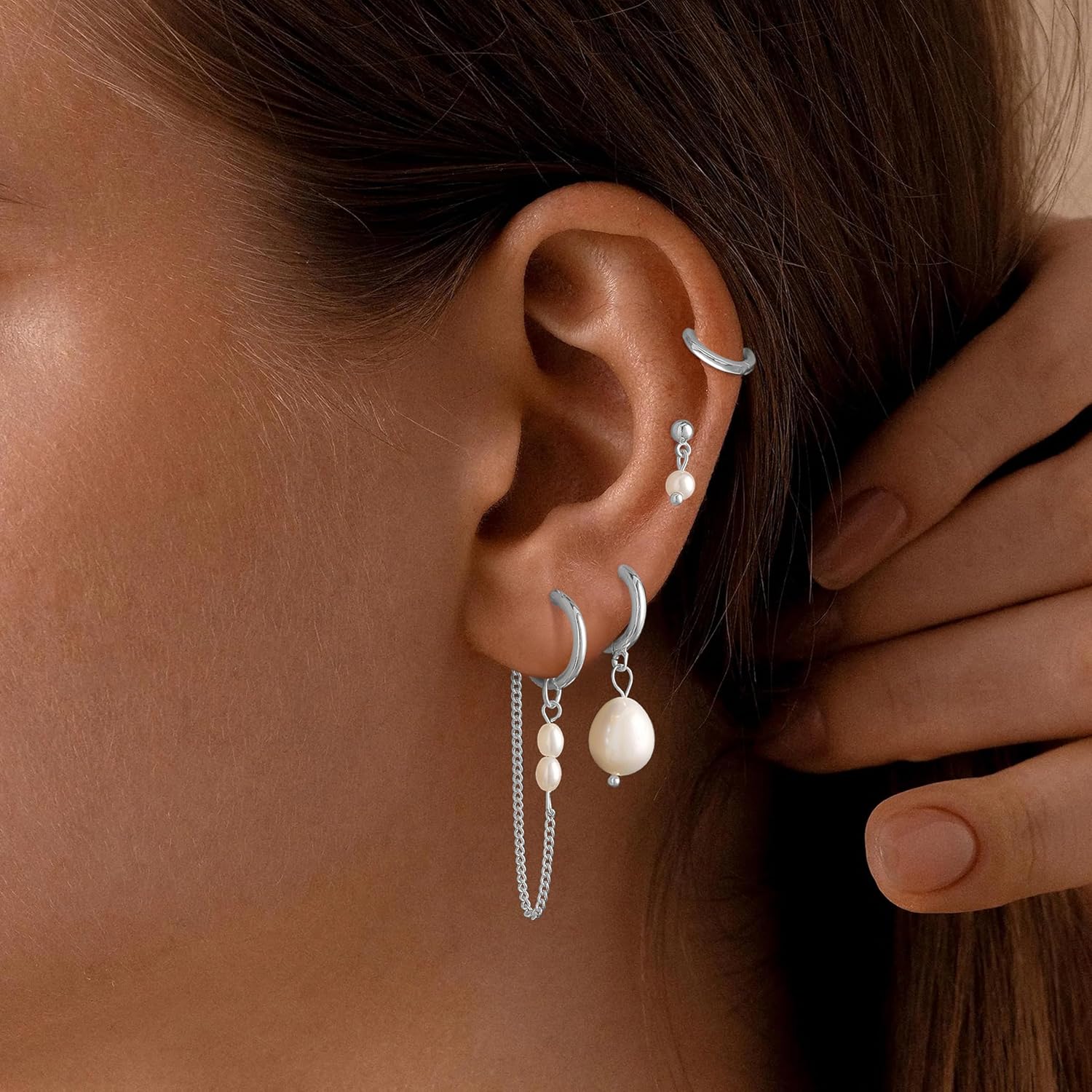 4Pairs Pearl Dangle Earrings Stacks For Women Trendy Drop Chain Set Multiple Piercing Dainty 14K Gold Plated Silver Jewelry - Image 3