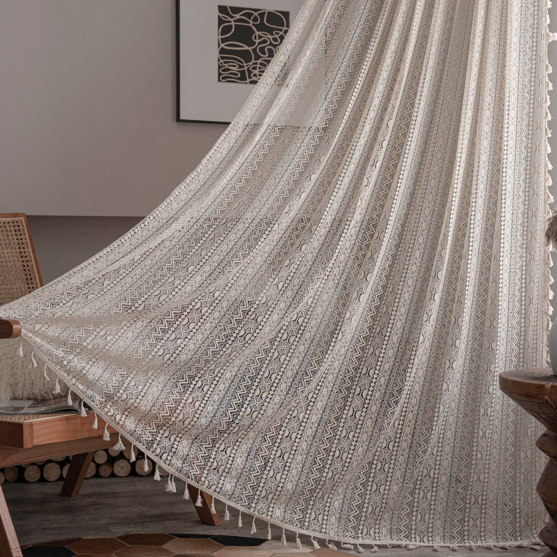 1 Panel Boho Windows Curtains Semi-Blackout,Handmade Crochet Embroidery Cotton Linen Curtain Drape with Tassel for Bedroom Living Room,Vintage Farmhouse Beige Cuartins with Rod Pocket,59" W x 102" L