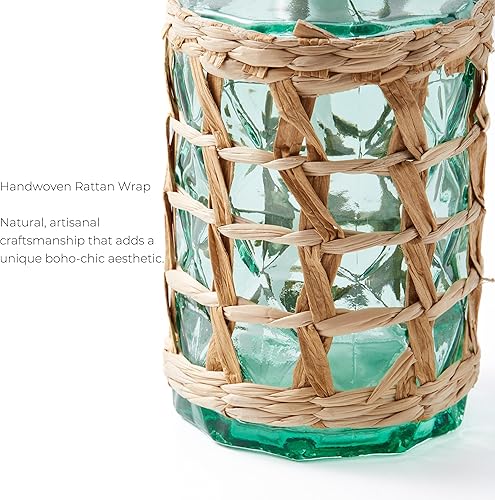 Miniatura 4 de Dispensador de jabón bohemio para baño, cristal verde con bomba de acero inoxidable y envoltura de ratán, botella decorativa recargable para cocina