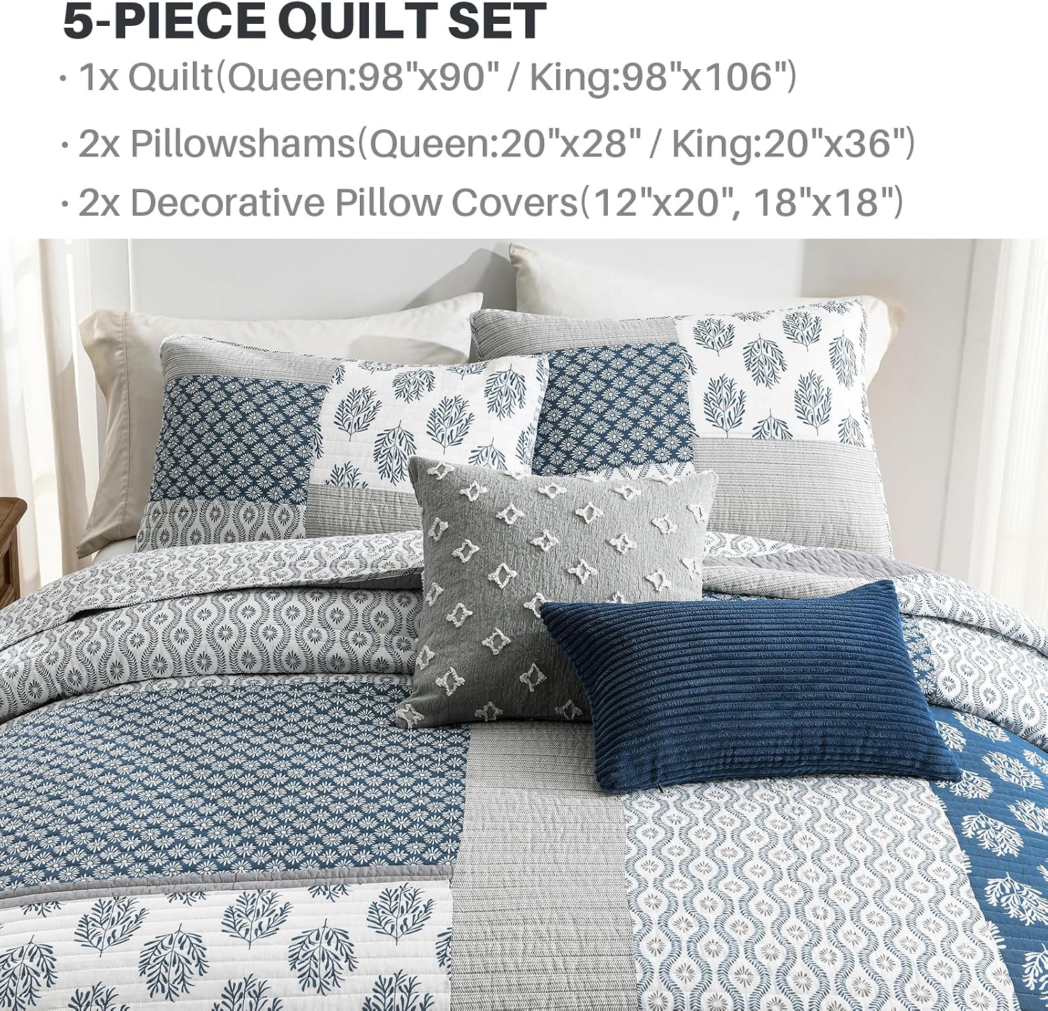 PANGUSHAN 5 Pieces Quilt Set King Size - 100% Cotton King Comforter Set, Patchwork Farmhouse Floral Bedspread, Reversible Lightweight Bedding Bed Spread, All Season, Blue/Grey/White