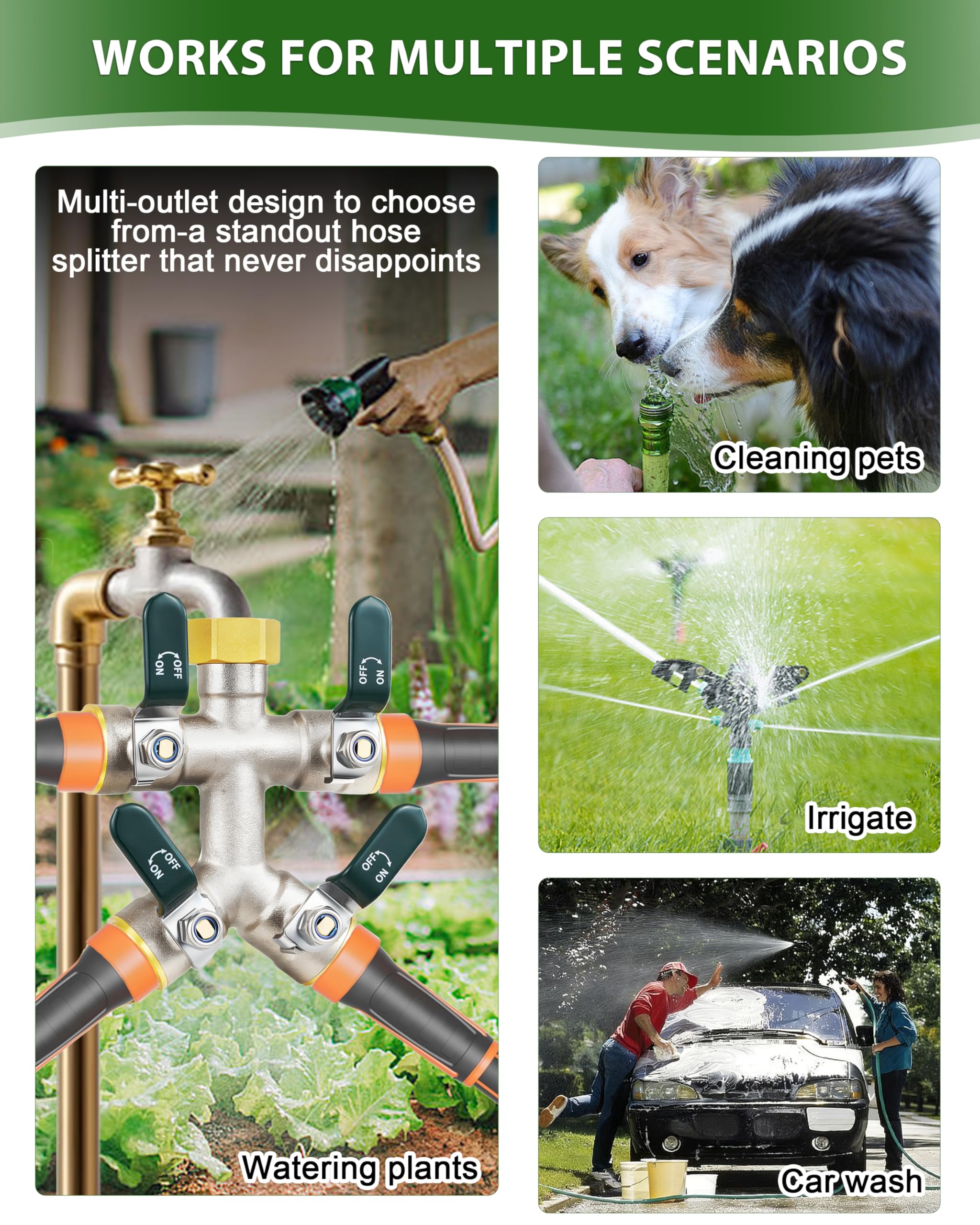 Distribuidor de manguera de jardín de latón de alto rendimiento, 4 vías, resistente a las heladas y al sol, conector exterior de latón, distribuidor con 4 válvulas, niquelado para resistencia a la