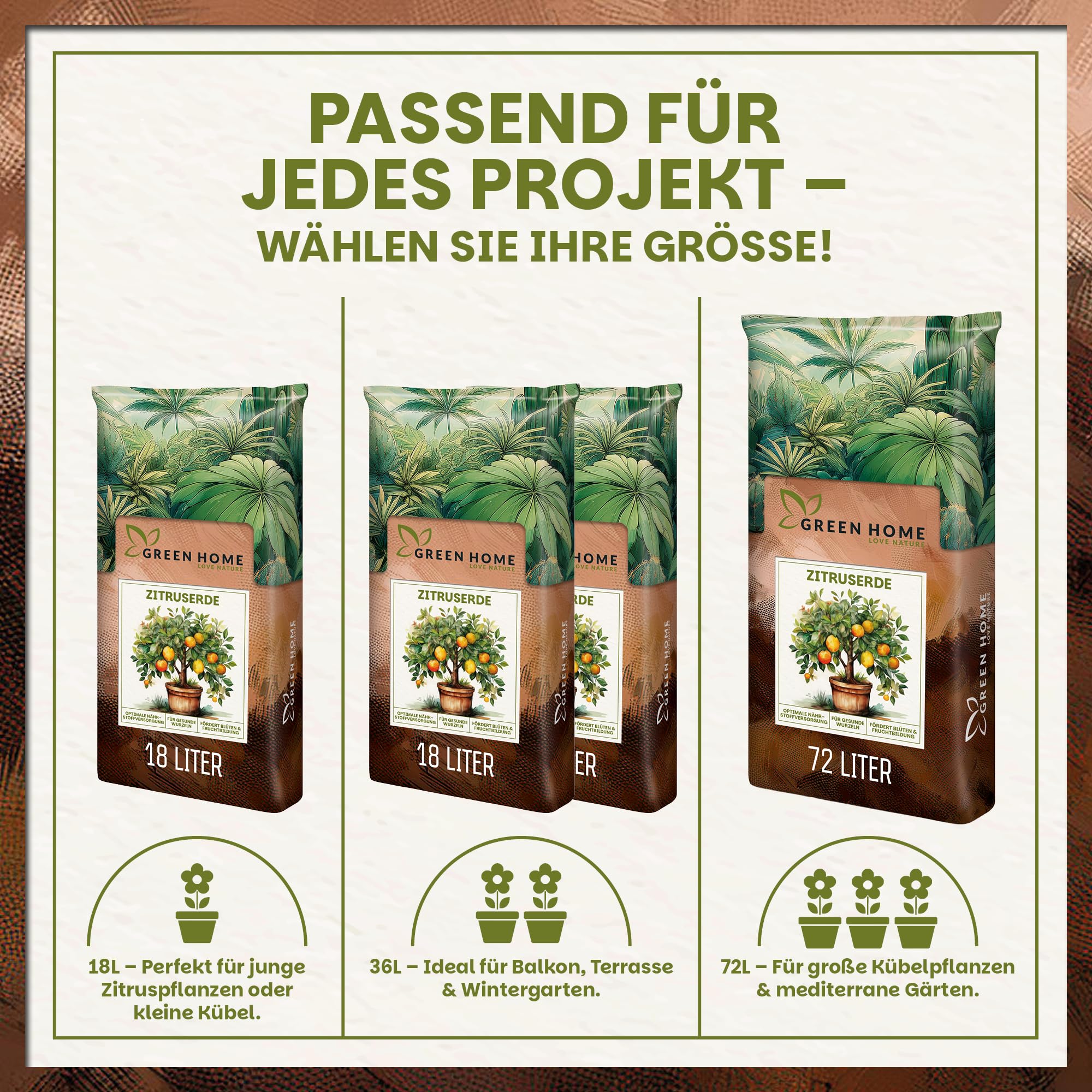 Green Home Zitruserde 72L - Erde für Zitruspflanzen & Mediterrane Pflanzen | Citrus Erde mit Langzeitdünger | Perlite, Kokosfasern & Rindenhumus | Für Garten, Kübel & Hochbeet, pH 5,8