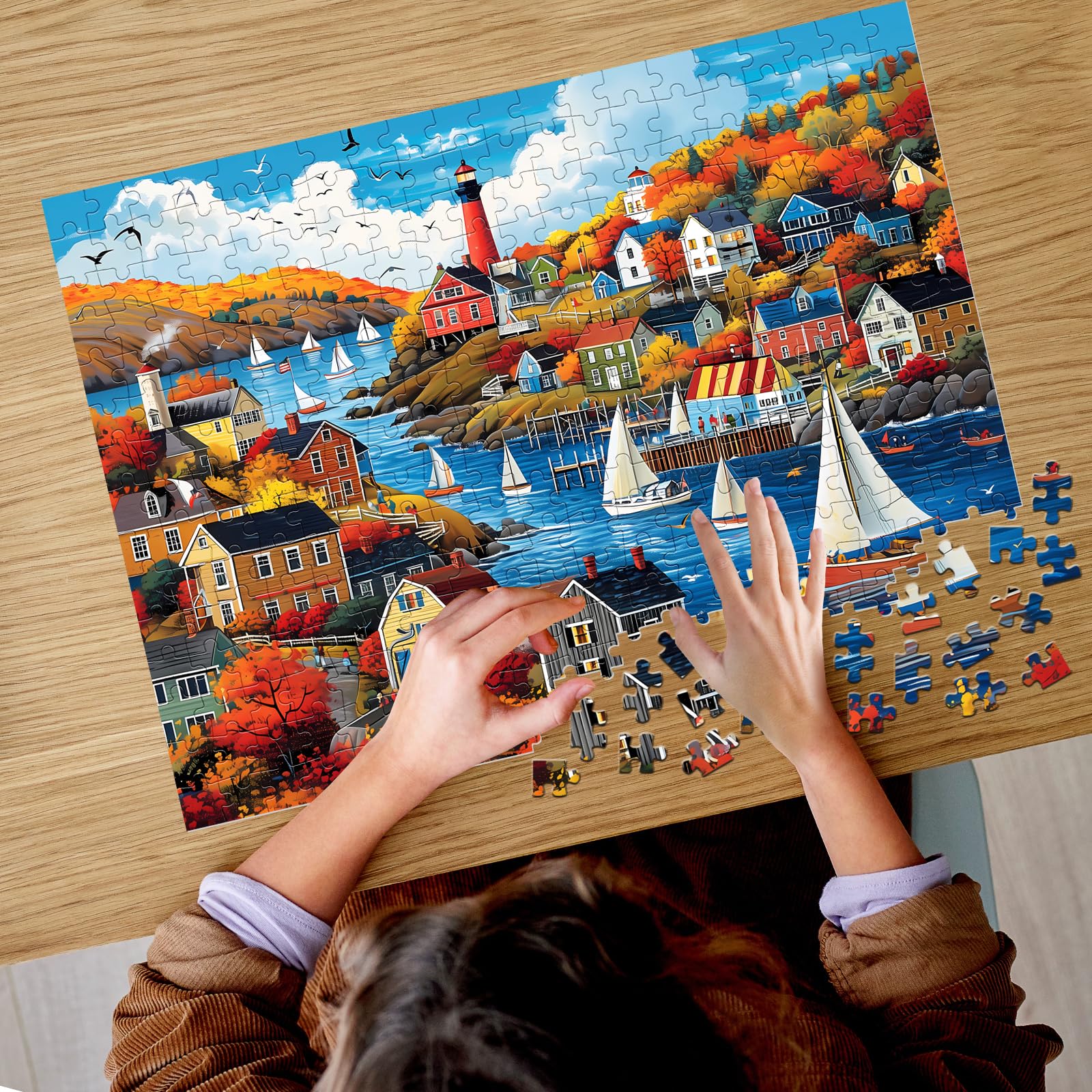 300 Pieces Puzzle for Adults | Town in Autumn Puzzle | Recycled Cardboard Large Piece Jigsaw Puzzles 300 Pieces | Challenging Game Home Decor Birthday Party Gift Toy for Adults Kids Seniors 20.5*15 in