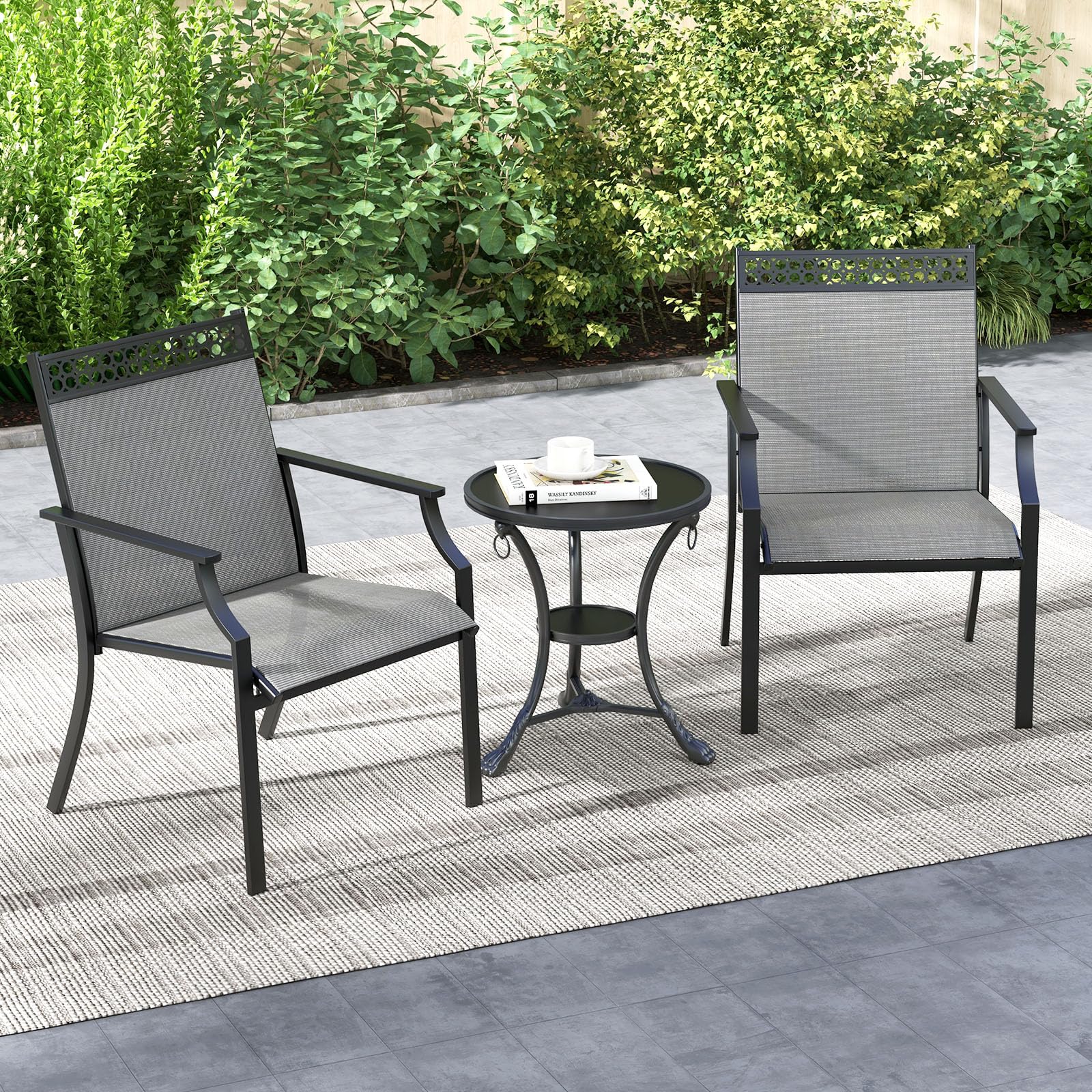 COSTWAY 2er Set Gartenstühle, Terrassenstühle mit breiter Sitzfläche & schnell trocknendem Stoff, Balkonstühle, Outdoor-Stühle bis 150 kg belastbar, für Garten, Balkon, Poolbereich (Grau)
