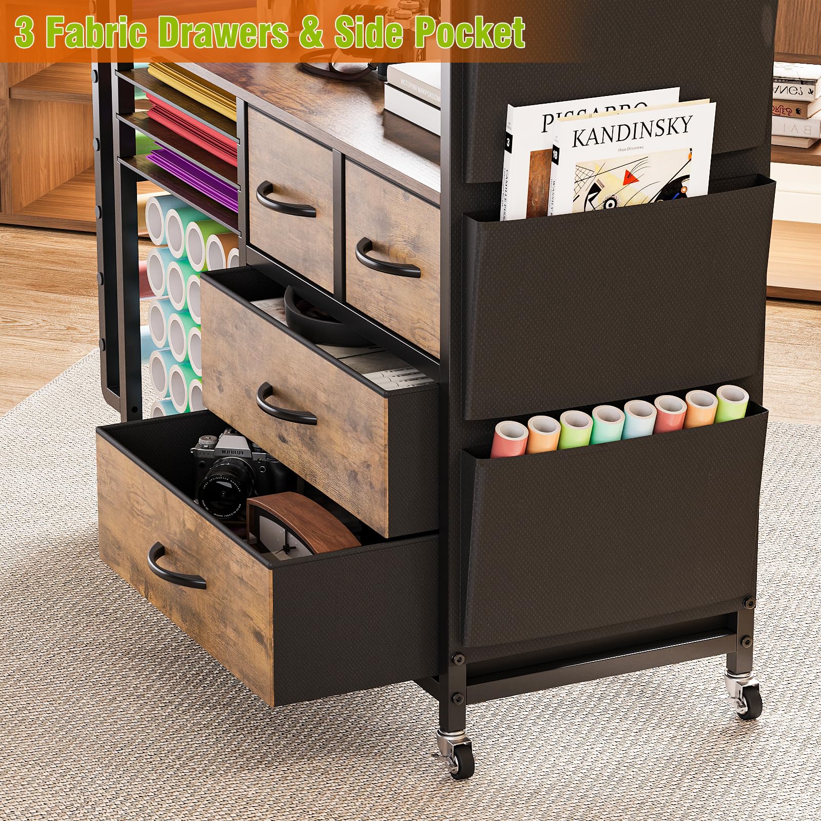 VEDECASA Grande organizer per bricolage, compatibile con macchine Cricut, cassetti in tessuto e porta rotolo in vinile, carrello mobile per la stanza del fai da te (marrone)