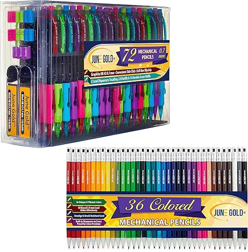 June Gold 36 lápices mecánicos de colores únicos de 0.08 pulgadas y 72 lápices mecánicos, plomo HB #2 de 0.028 in, repuestos adicionales