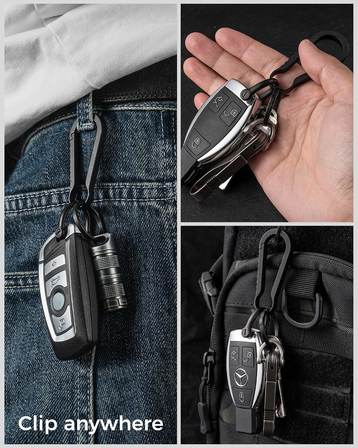 FEGVE Titanium Key Chain Clip with Side-Pushing Key Ring & 2/3inch D Ring for Car Fob Keys
