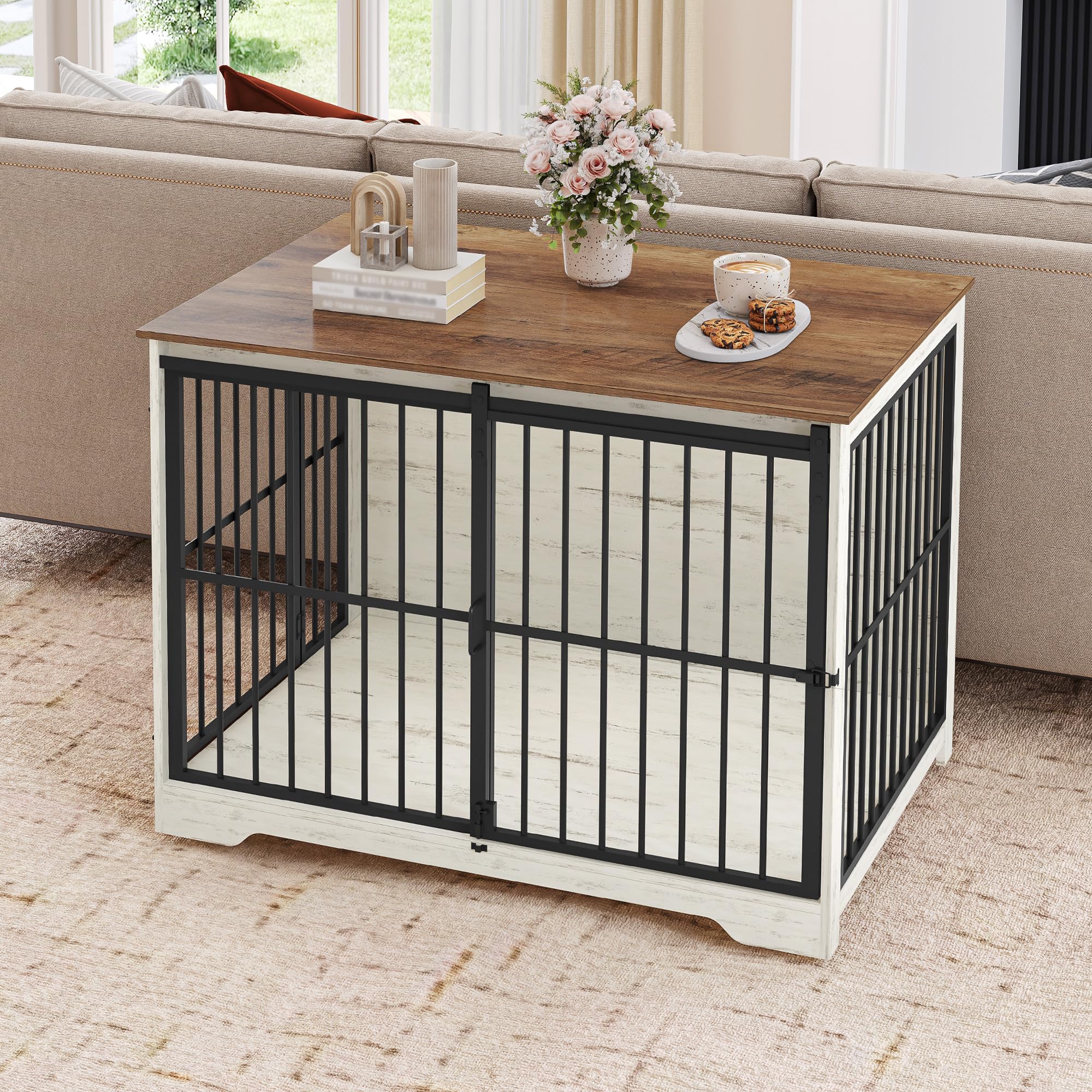 Hzuaneri 110cm Jaula para Perros, Mesa Auxiliar, casa Moderna para Perros, Jaula para Cachorros, dúplex para Animales, 2 Puertas, 65 × 110 × 81 cm, Blanco Marrón DFC84414B