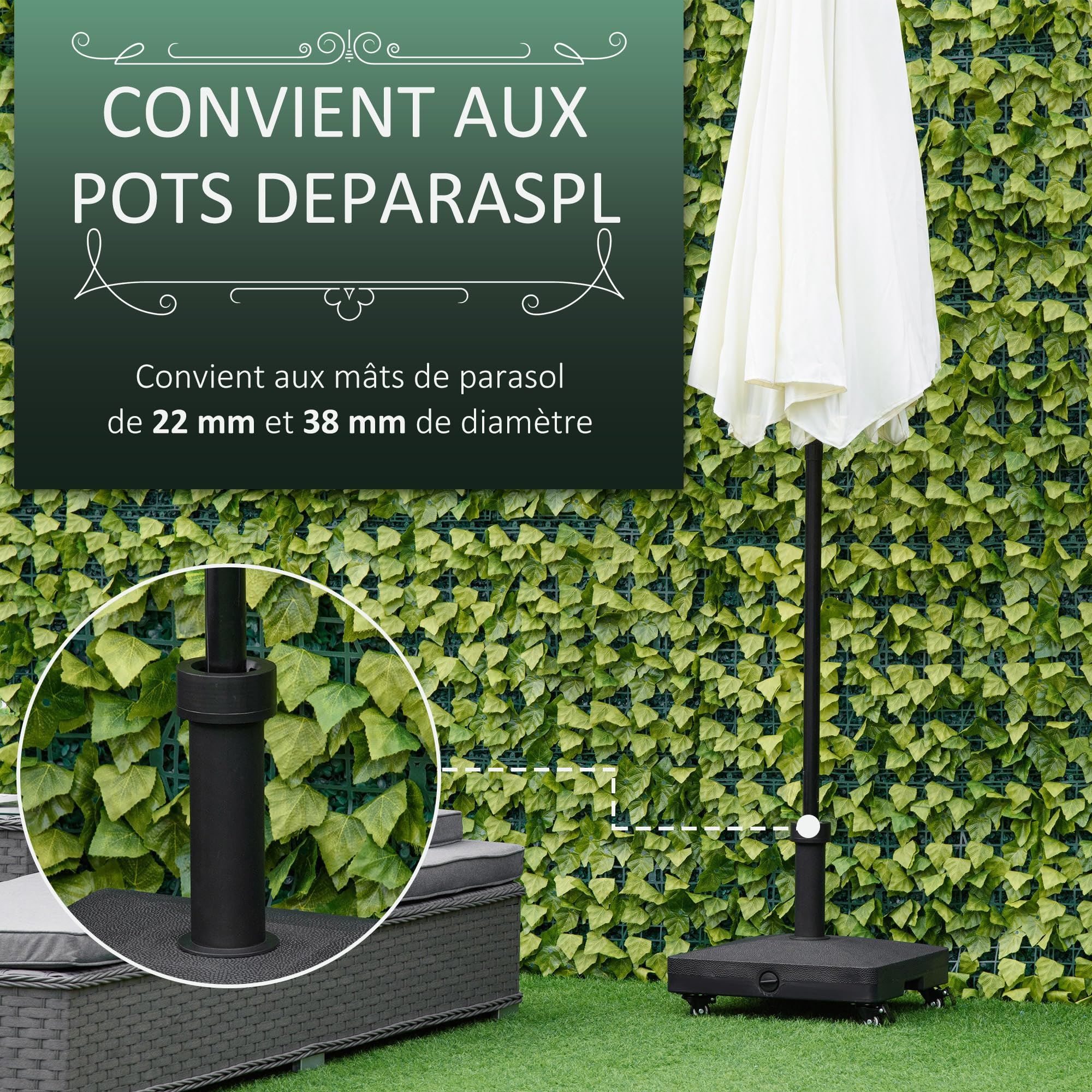 Outsunny Pied de Parasol Base de lestage Parasol carré 4 roulettes dim. 45L x 45l x 39H cm HDPE Noir