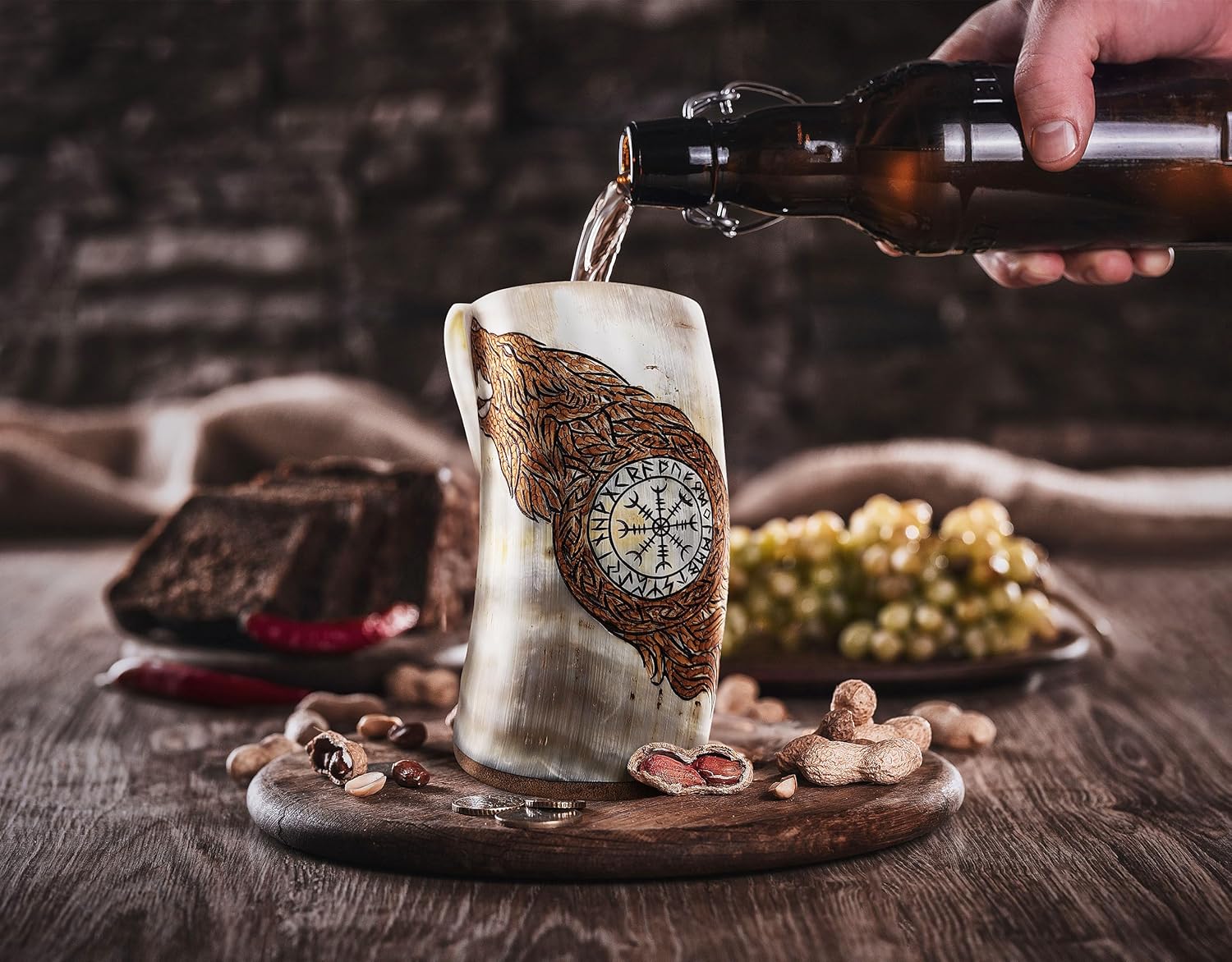 Norse Tradesman Limited Edition Viking Drinking Horn Mug - Hand Engraved with Norse Wolf and Viking Compass Artwork - Wolfsbane, High Polish, approx. 16 oz - Image 7