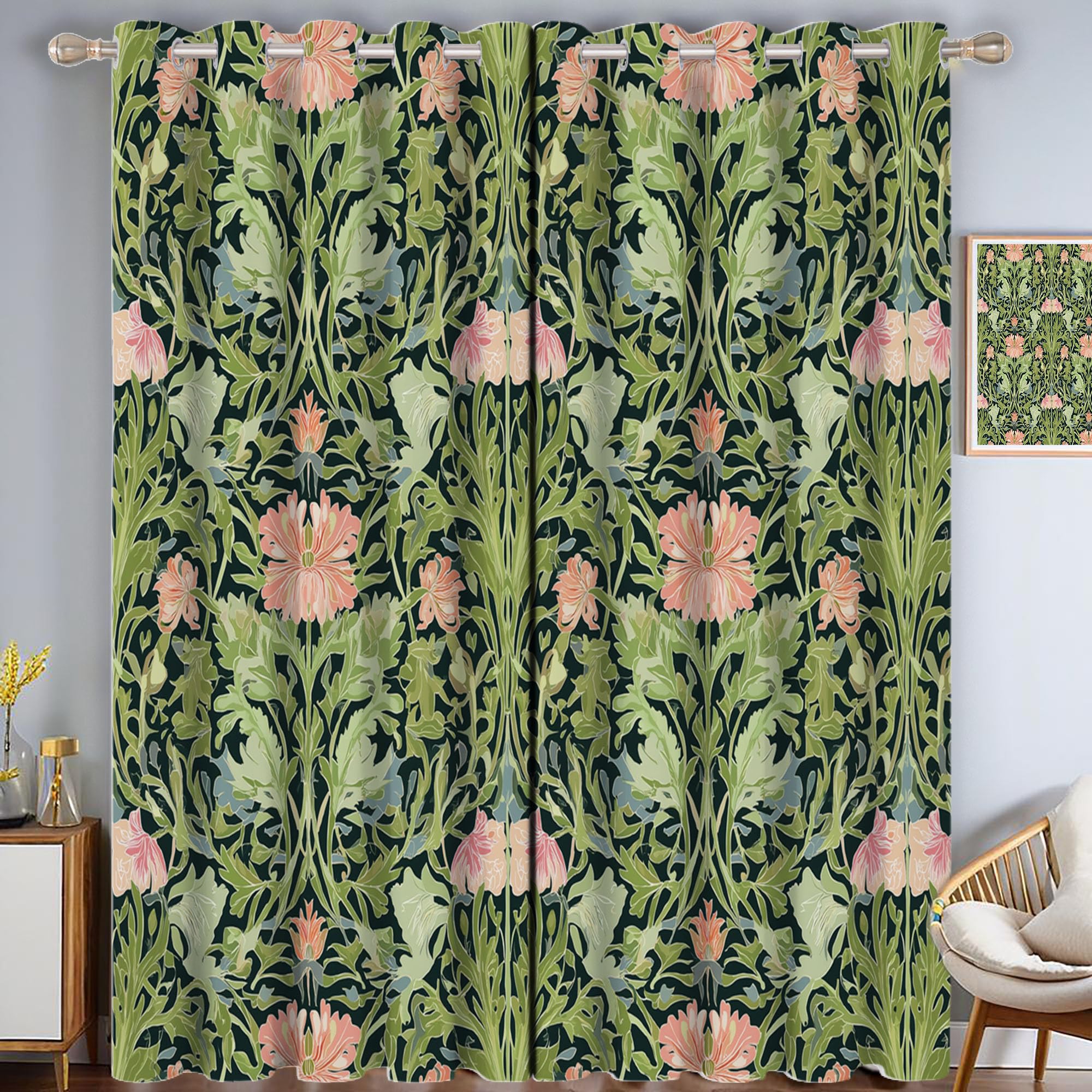 Rideaux occultants isolants thermiques anti froid imprimés fleurs feuilles 140x240cm