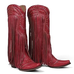 Celbreez Cowboy Boots for Women with Fringe Cowgirl Boots Knee High Cowboy Boots Embroidery Rivet Pointed Toe Chunky