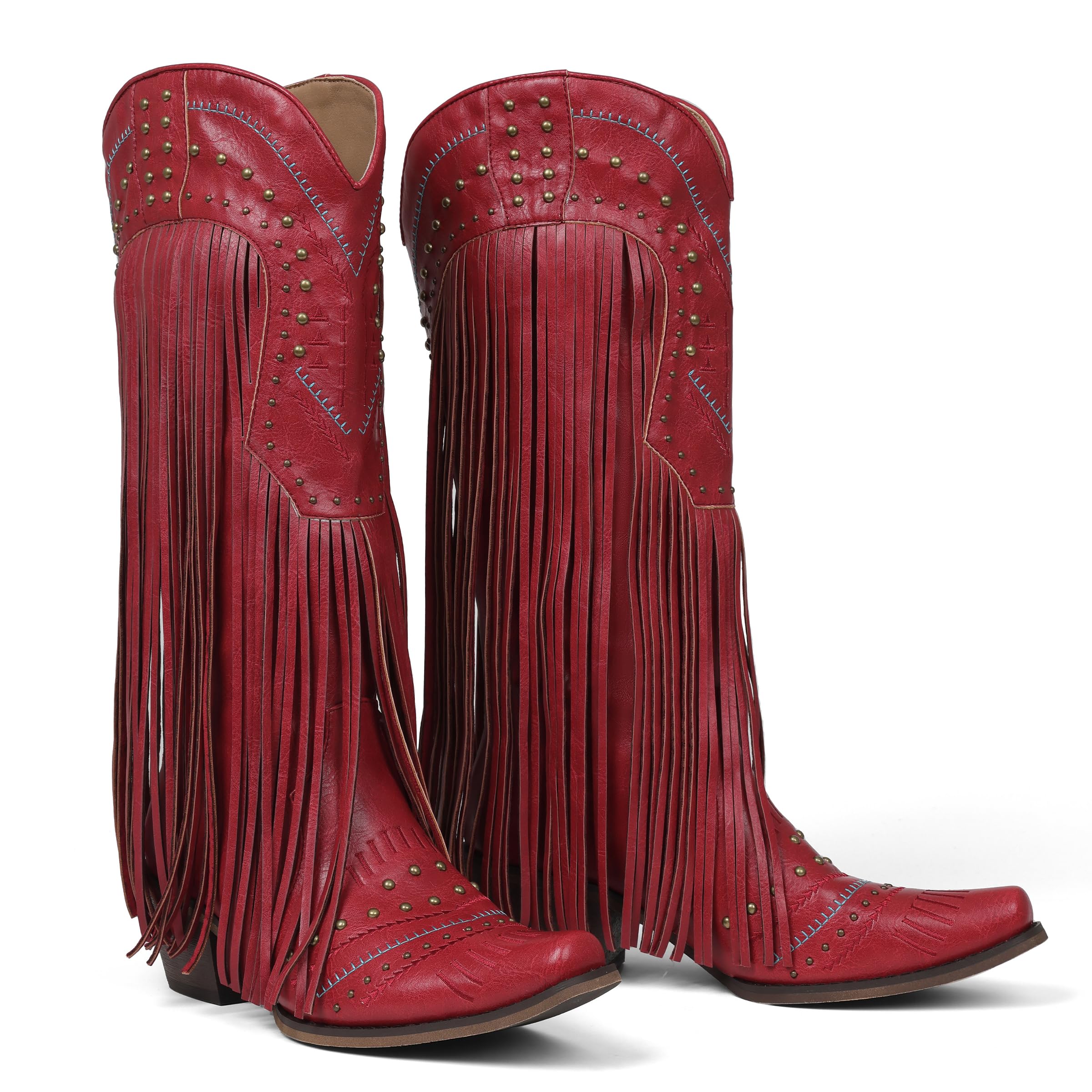 Celbreez Cowboy Boots for Women with Fringe Cowgirl Boots Knee High Cowboy Boots Embroidery Rivet Pointed Toe Chunky