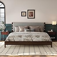Vista 8 de Moderno juego de base de cama Queen con 2 mesitas de noche, cama de plataforma de madera beige con cabecero y mesitas de noche a juego
