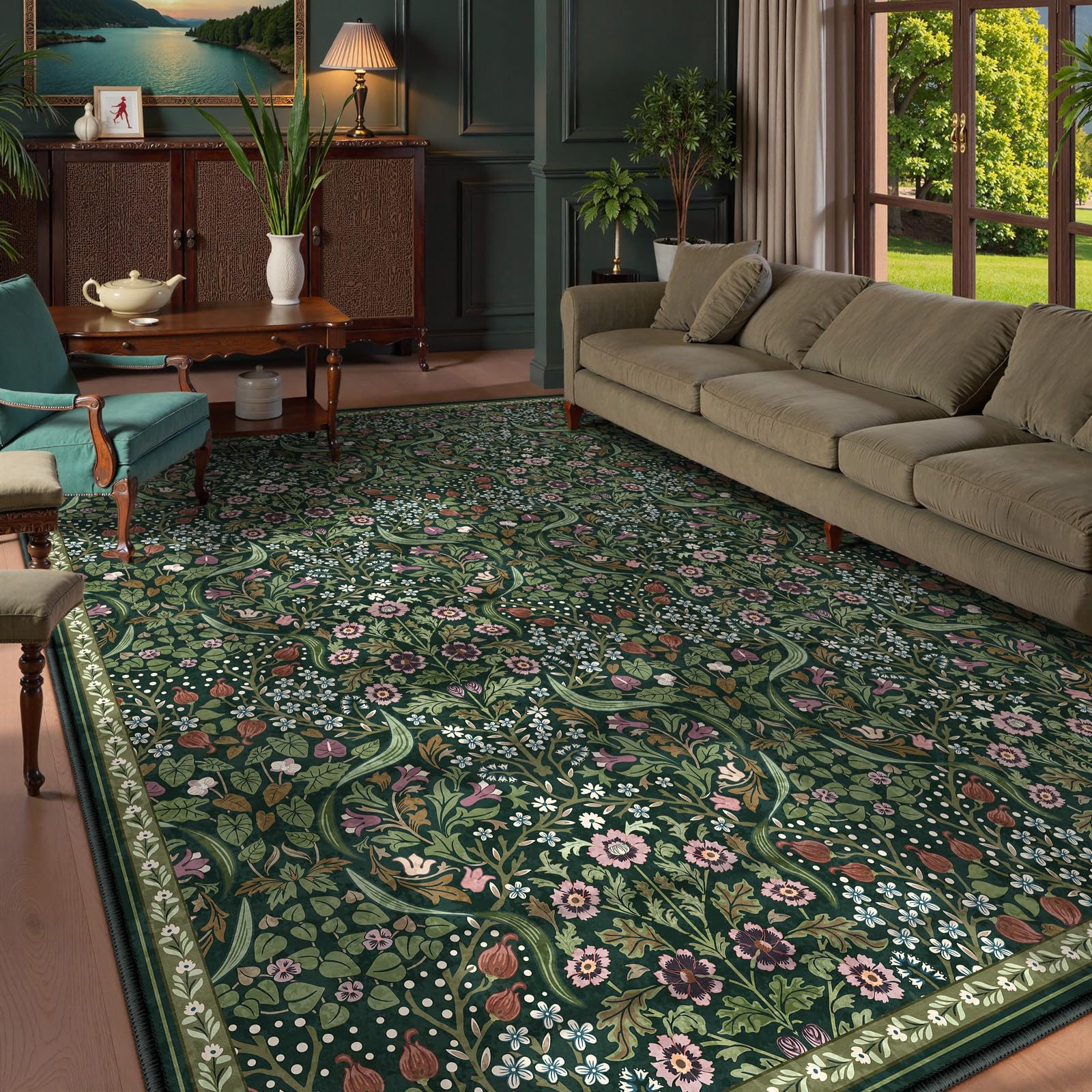 Lahome Floral Area Rugs 9x12 Living Room, Green Soft Bedroom Rugs Non Slip, Thin Dining Room Carpet, Non Shedding Print Carpets for Guestroom
