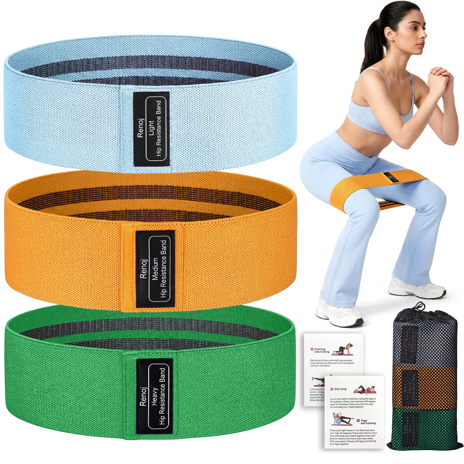 Renoj Resistance Bands for Working Out: 3-Set Professional Exercise Bands for Pilates, Yoga, Home Gym, Booty, Leg Training | Heavy/Medium/Light Fabric Loops for Women Men Green
