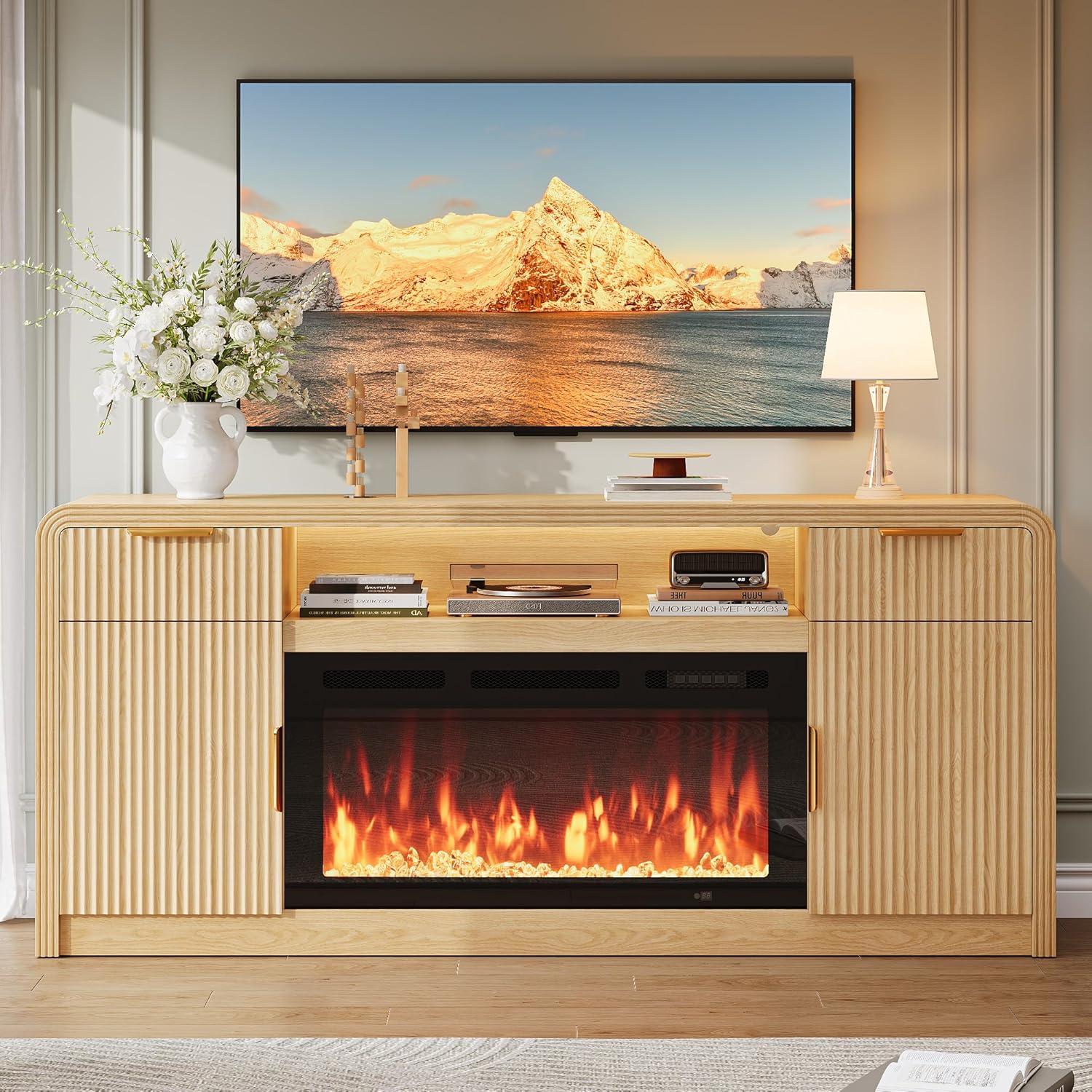 70" Fluted Fireplace TV Stand for 80" TV, TV Console Cabinet with Wavy Grain Doors & Adjustable Shelves, Remote & Touch Control Adjustable LED Light, Flame Colors&Temperature for Living Room