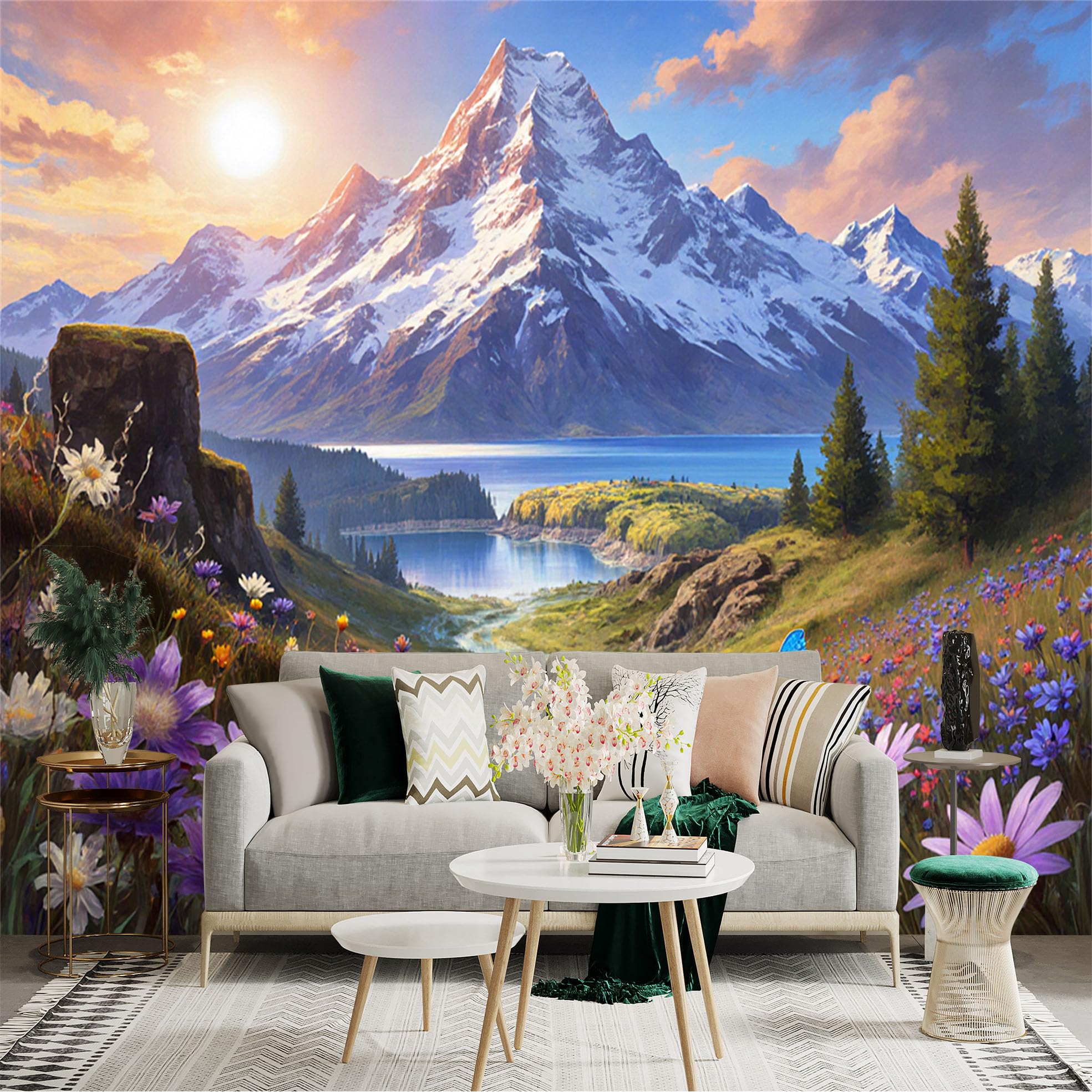 Lnzczhyre Xc260505388 Custom Size Wall Sticker Mural， Scenic Mountain Landscape With Lake And Blooming Wildflowers， Blue Butterfly In Spring Meadow， For Wall Decoration， Peelandstick Wall Decals.