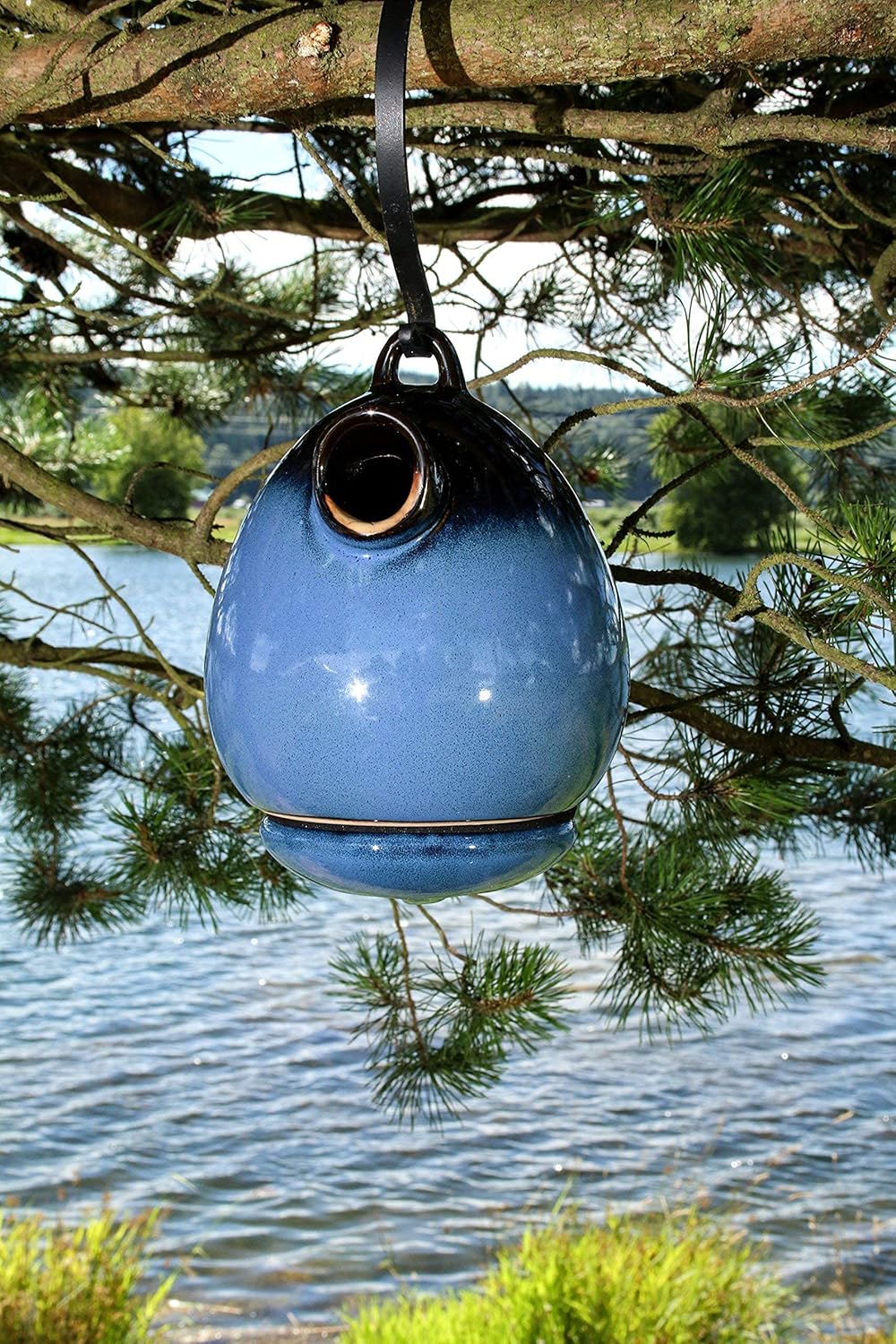 BYER OF MAINE Alcyon Egg/Bottle Bird Home and Pagoda Bird Feeder Bundle, Cobalt Blue