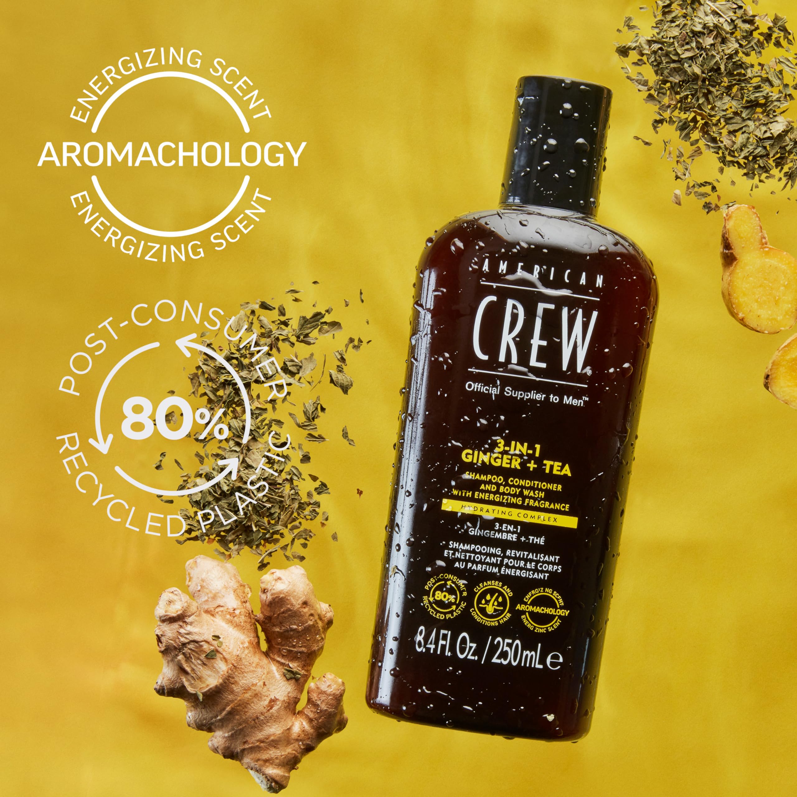 American Crew 3 en 1 Ginger + Tea, Champú Acondicionador y Gel de Ducha, Limpia e Hidrata el Cabello y el Cuerpo, Mantiene y Repone la Barrera de Hidratación, Aroma Revitalizante y Energizante