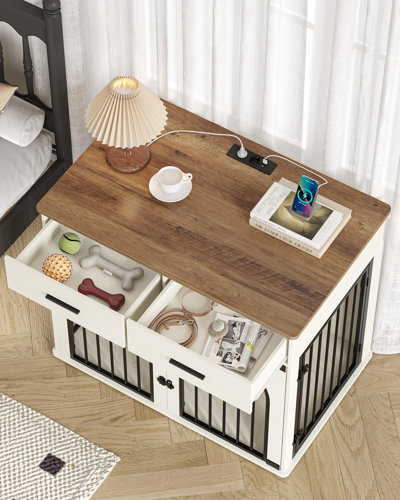 Hzuaneri 110 cm Cage pour Chien avec 2 Tiroirs de Rangement, Meuble Cage pour Chien d'intérieur avec Station de Charge, Heavy Caisse en Bois pour Chiens de Taille Grande, Blanc et Marron DFC88214BEU