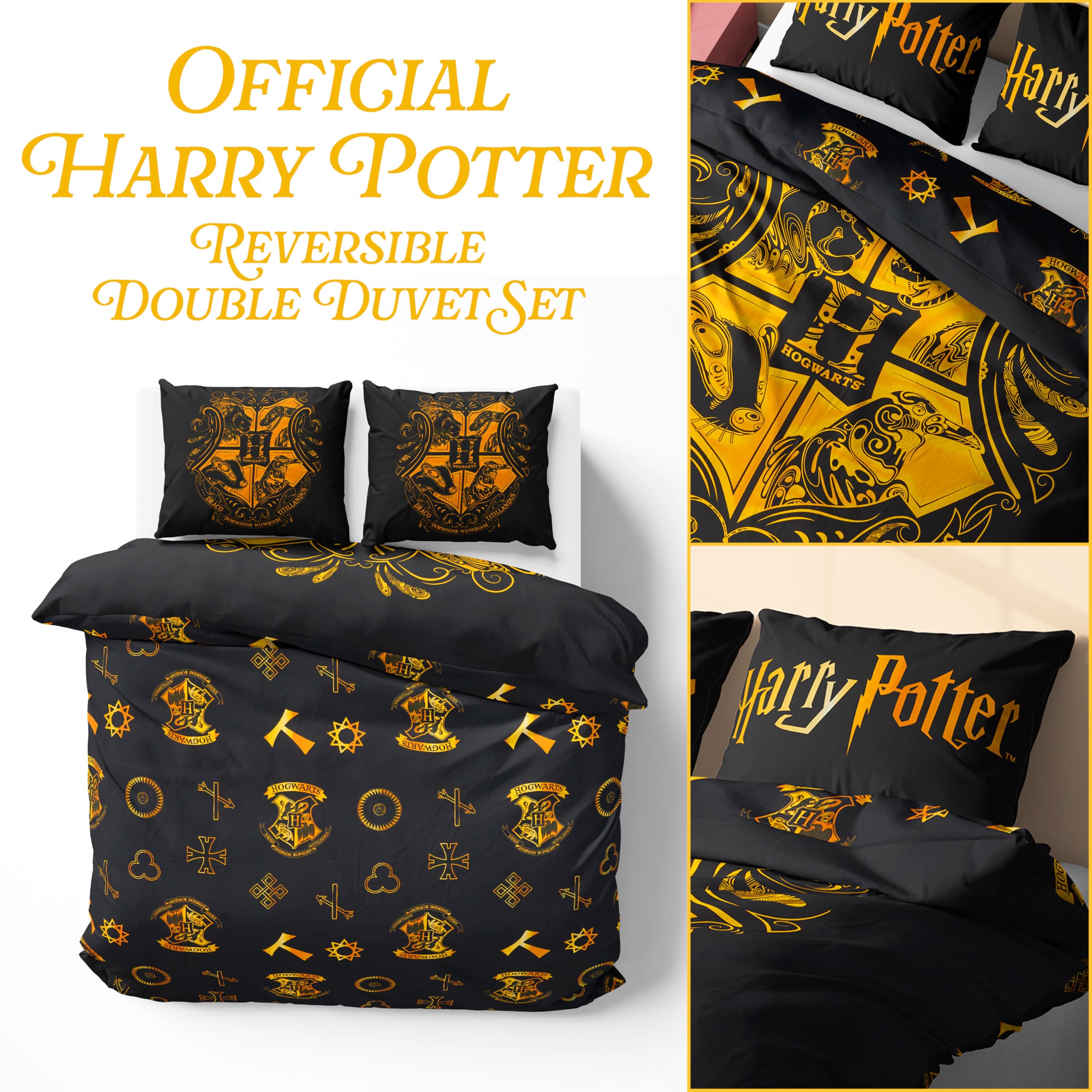 Harry Potter Poszewka na kołdrę i poszewka na poduszkę zestaw dzieci nastolatki kobiety pościel akcesoria do sypialni - rozmiar pojedynczy lub podwójny (czarny podwójny)