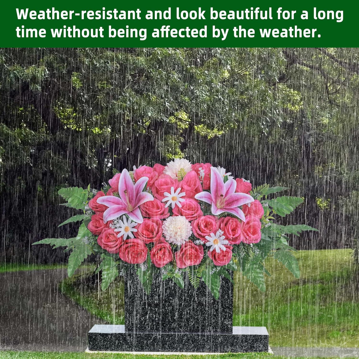 Lodou Artificial Cemetery Flower Saddles,Headstone Saddles for Graves,Lily Rose Flowers Saddle for Cemetery Headstones Decoration Outdoor Memorial Decorations (Purple Lily, Saddle)