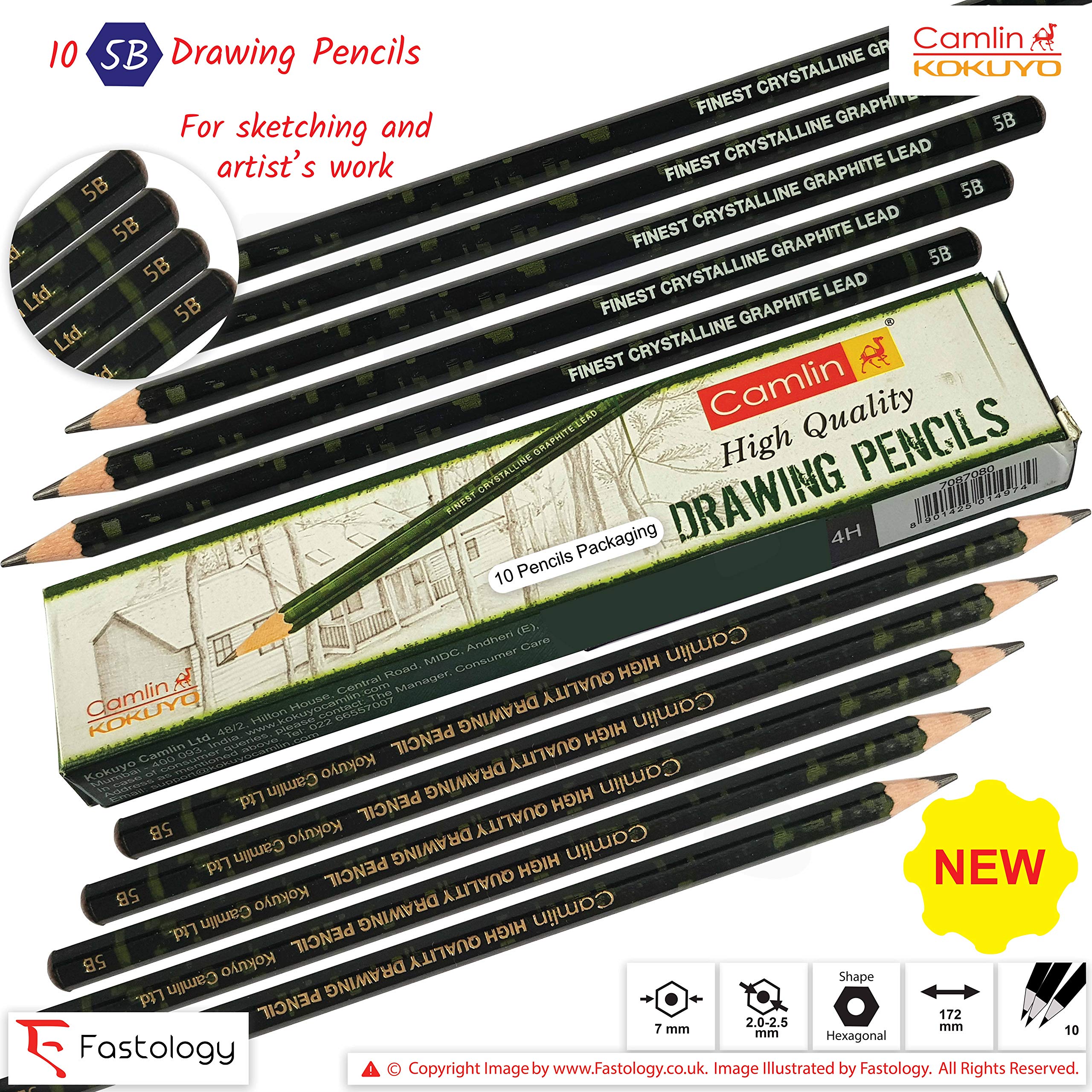 KOKUYO CAMLIN 5B Graded Professional Drawing Pencils Mega Pack Sketch Tone Draw Write Finest Crystalline Graphite Lead (10 x 5B Grade Pencils + 3 x PATEL Black Ball Pens)