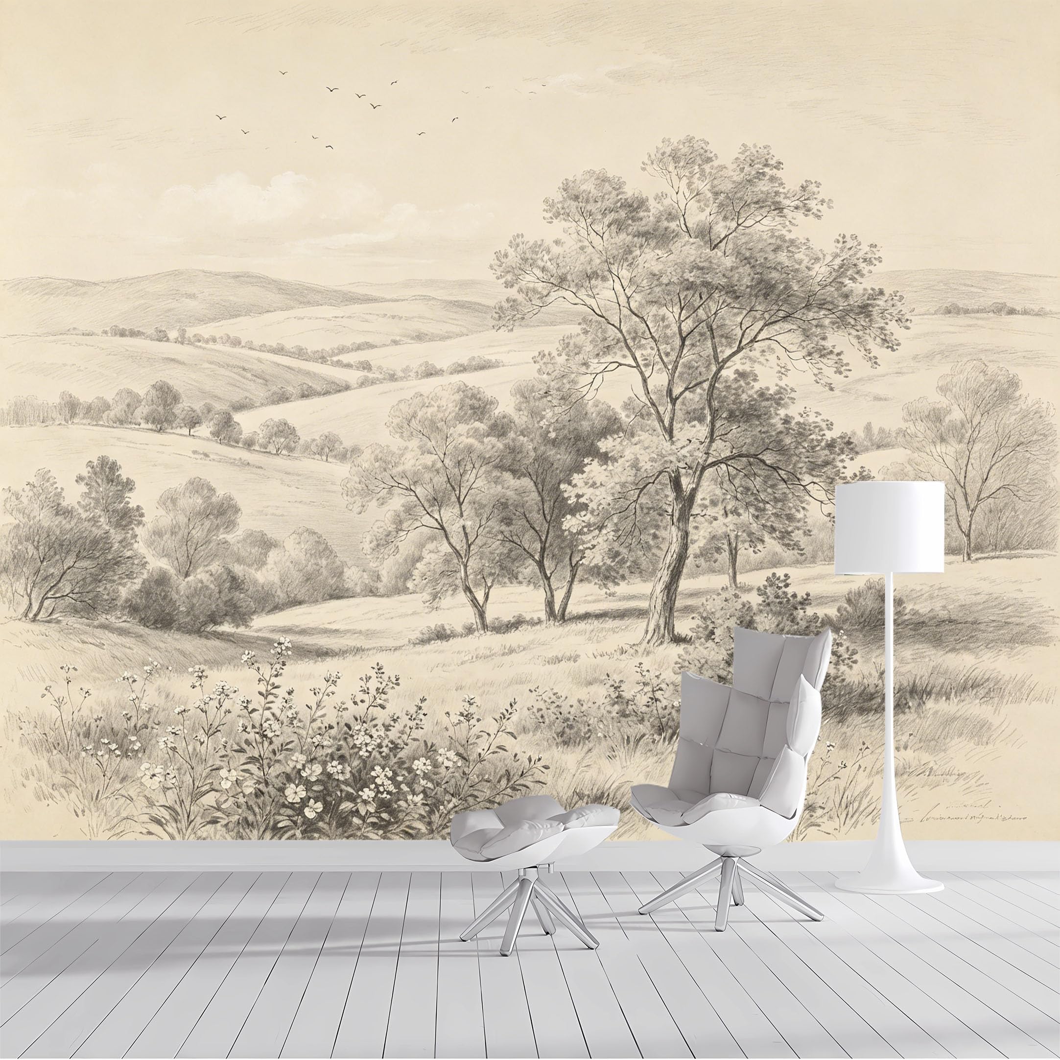 Custom Size Wall Mural Pastoral Landscape Countryside Meadow Pencil Sketch Art SelfAdhesive Wall Fabric Removable Peel and Stick Wallpaper Wall Decor for Living Room Bedroom Bathroom