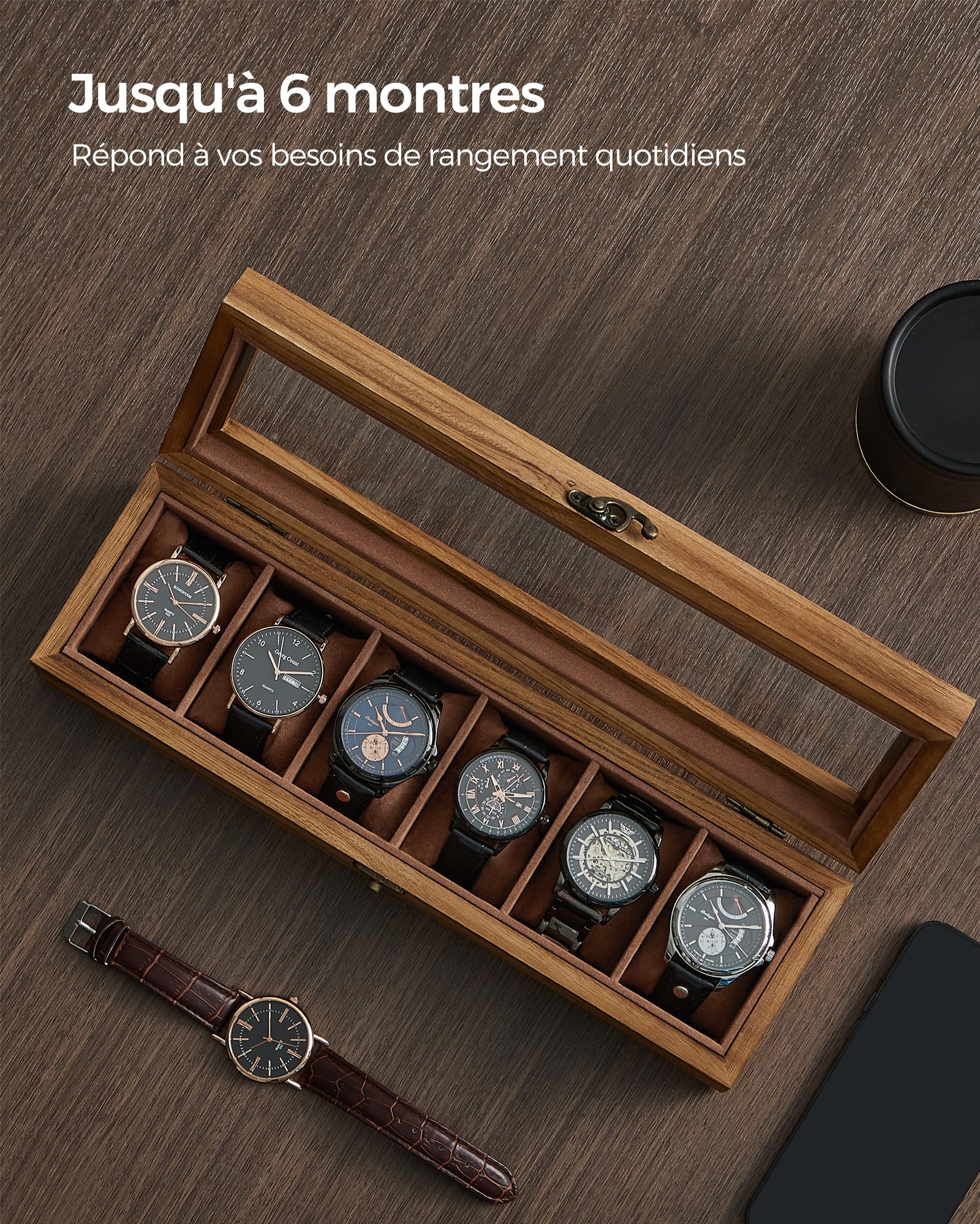 SONGMICS Boîte à Montres 6 Compartiments, Coffret à Montres en Bois, Écrin, avec Couvercle en Verre, Coussinets pour Montres, Couleur Noisette JOW006K01