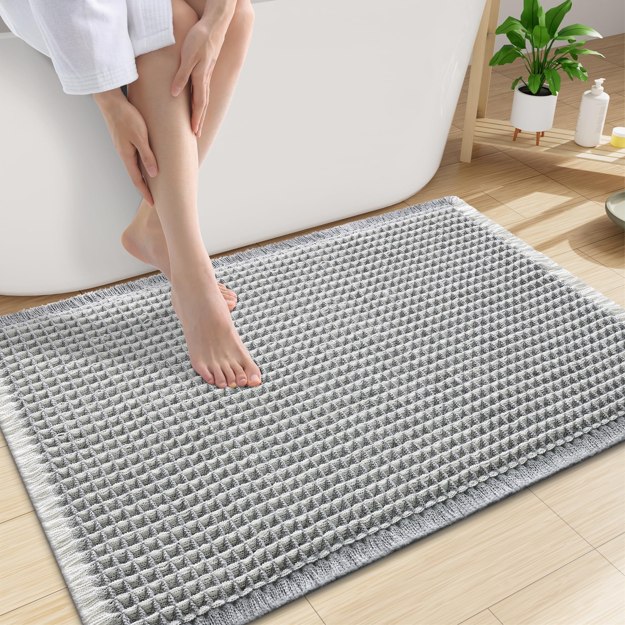Smiry Waffle Bath Mat 30X20, Soft Absorbent Bathroom Rug, Lightgrey &amp; Cream