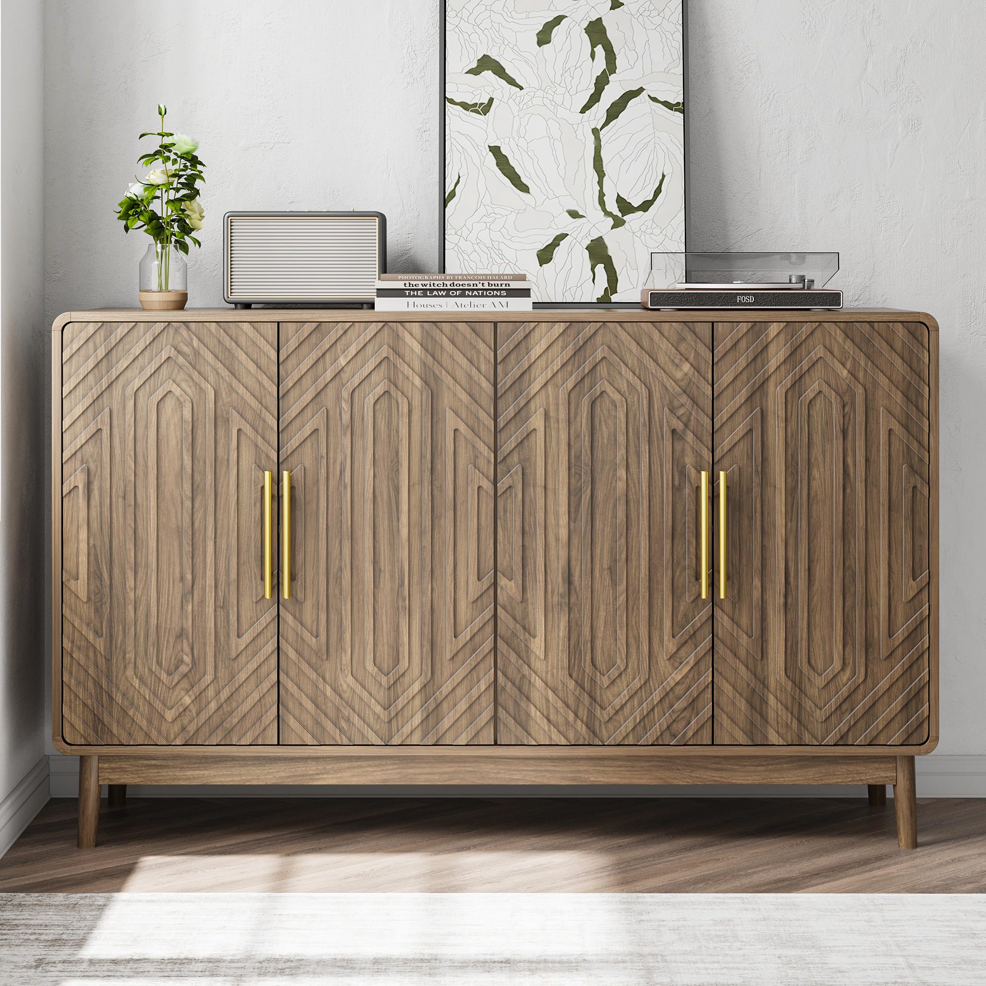 Mino Kesper Sideboard Buffet Cabinet with Storage,Sideboard Cabinet with Carved 4 Doors,Kitchen Buffet with Adjustable Shelf for Entryway, Hallway,