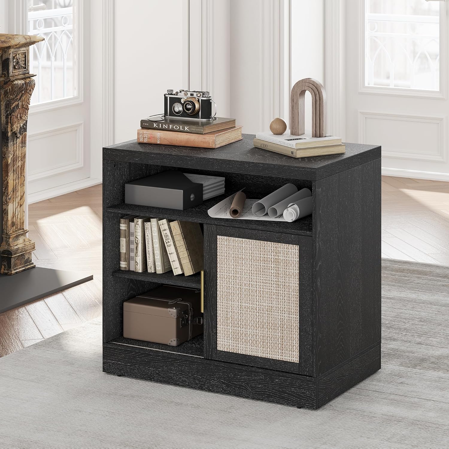 Rattan File Cabinet with Door, 32'' Lateral File Cabinet with Open Adjustable Shelves, Wood Filing Cabinet with Sliding Door for Home Office, Black
