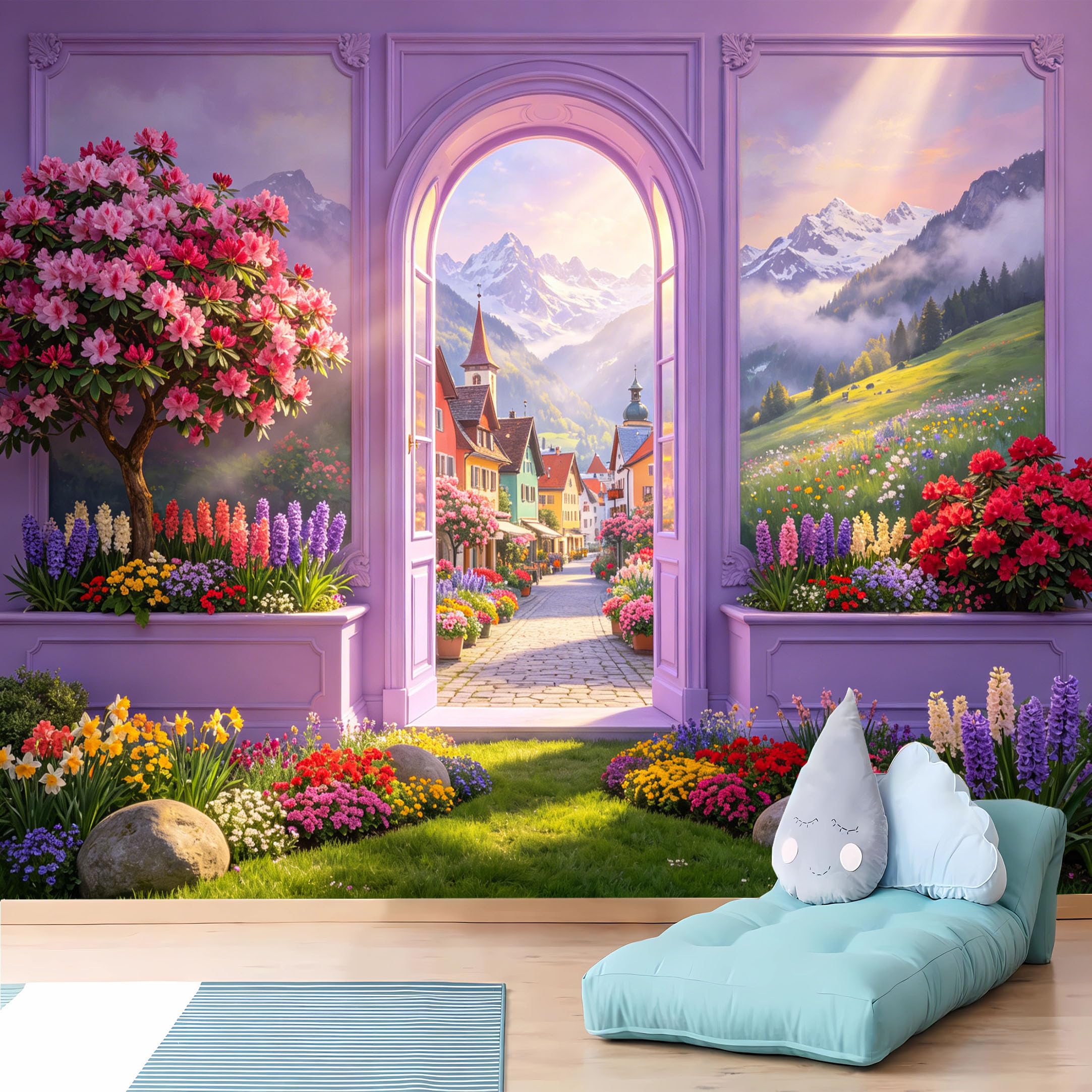 Custom Size Wall Murals 3D Lavender Arched Door Alpine Village View Realistic Wall Murals Self-Adhesive Wall Fabric (NO PVC) Removable Wallpaper for Bedroom