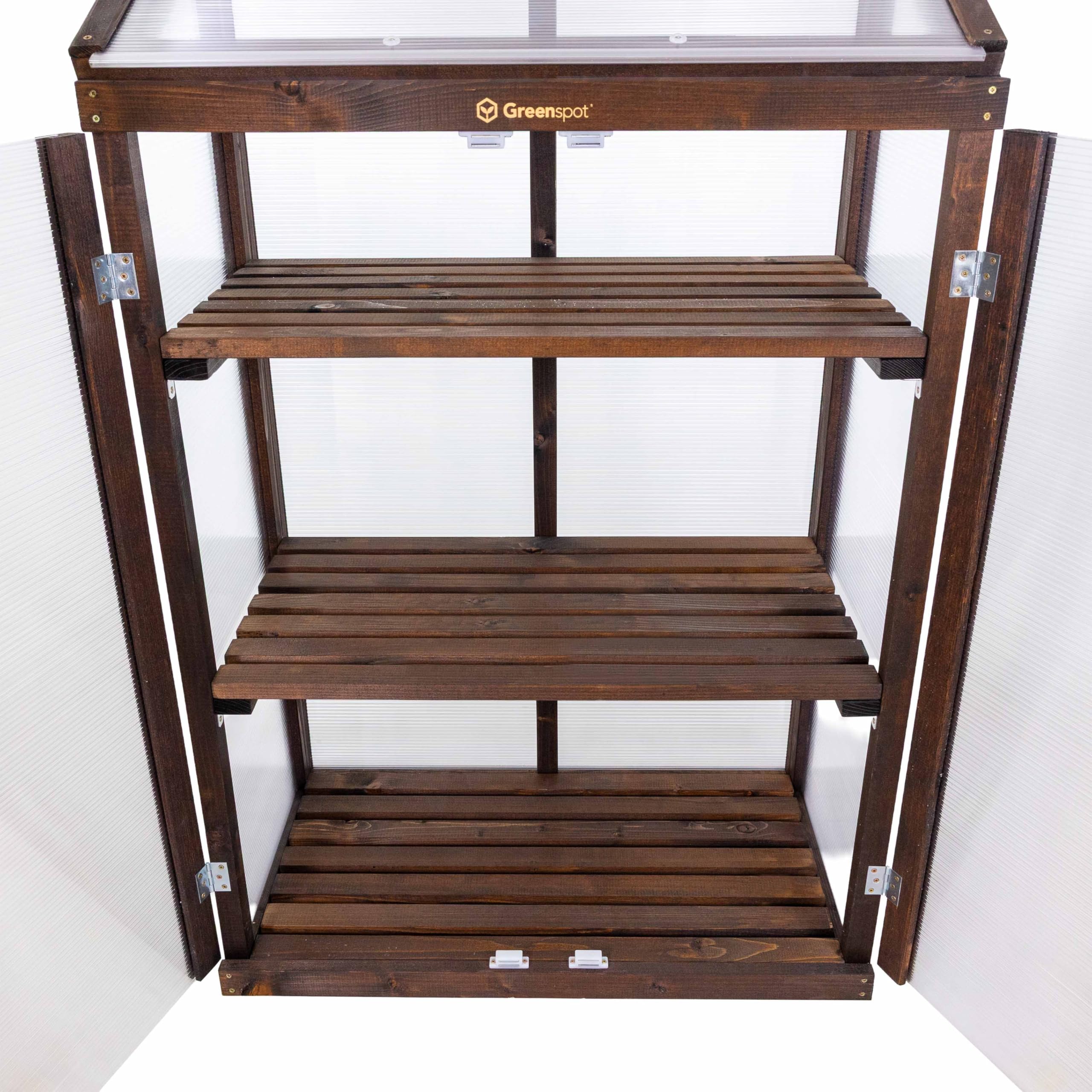 Greenspot - Mini Szklarnia na Balkon i Taras - Szklarnia Balkonowa - 80 x 42 x 121 cm - z Drewna i Tworzywa, Maks. Obciążenie Półki 50 kg - na Zioła, Kwiaty, Rozsady - Origin Ciemny Palisander | 3 wytrzymałe poziomy na zioła, warzywa i kwiaty. Składany da