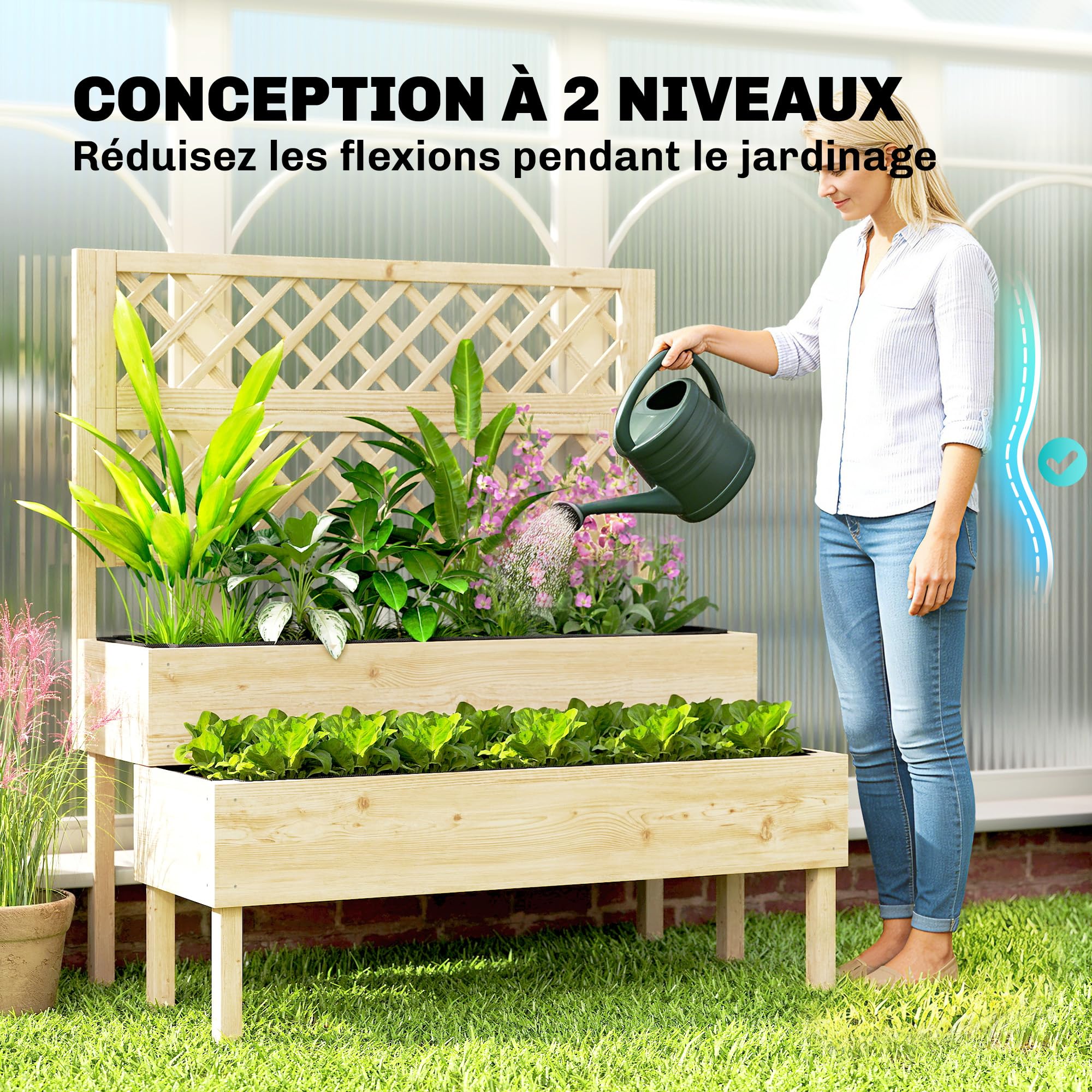 Outsunny Jardinière à 2 Niveaux avec Treillis, bac à Fleurs, lit surélevé avec Tissu Non tissé, pour Plantes grimpantes, légumes, Bois, intérieur et extérieur, 108 x 62 x 120 cm Effet Bois Naturelle