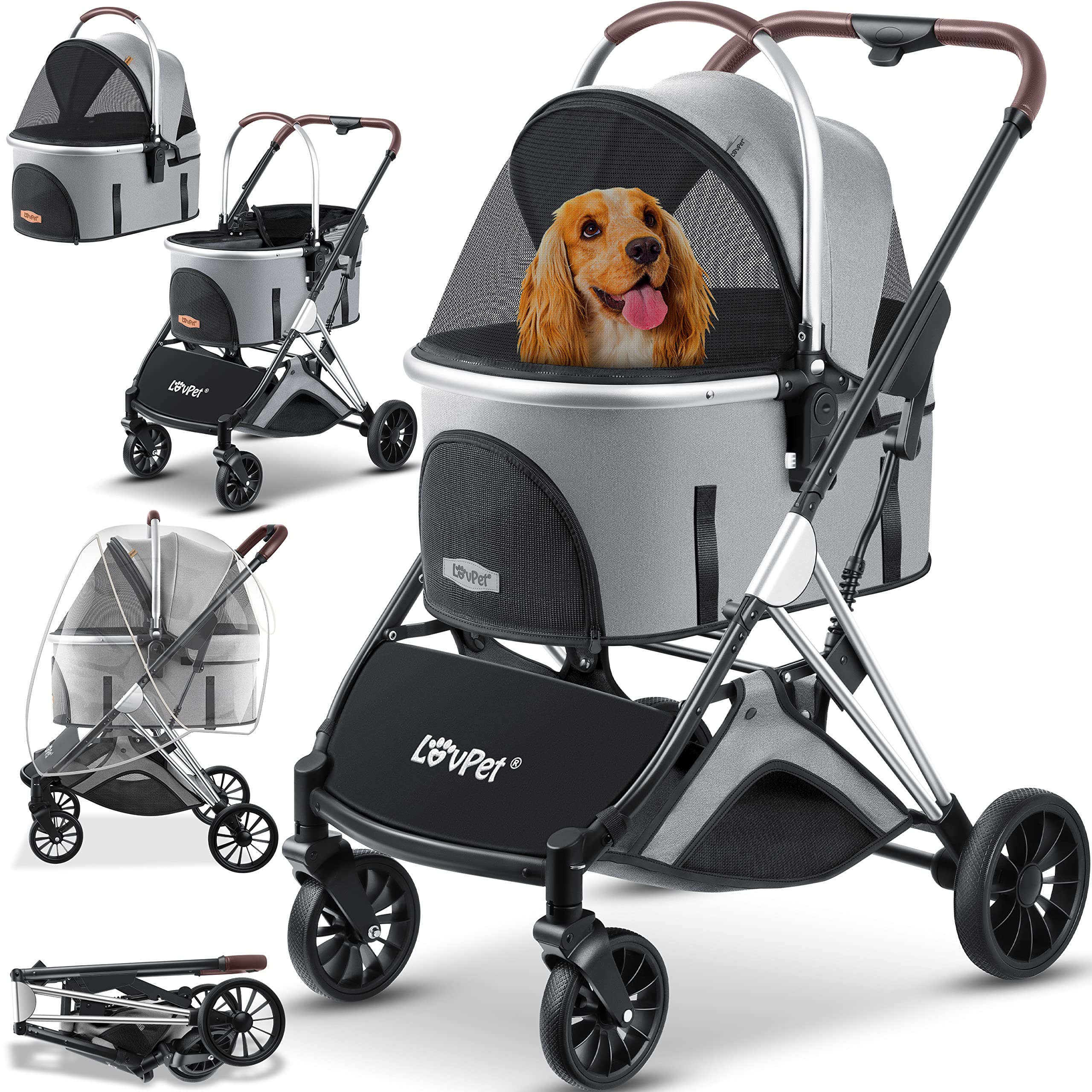 LOVPET® Cochecito para Perros y Gatos 3en1 Carrito Plegable | Transporte Bolsa 360° Ruedas Grandes | Transportín para Mascotas, Red & Cubierta para la lluvia, Jogger