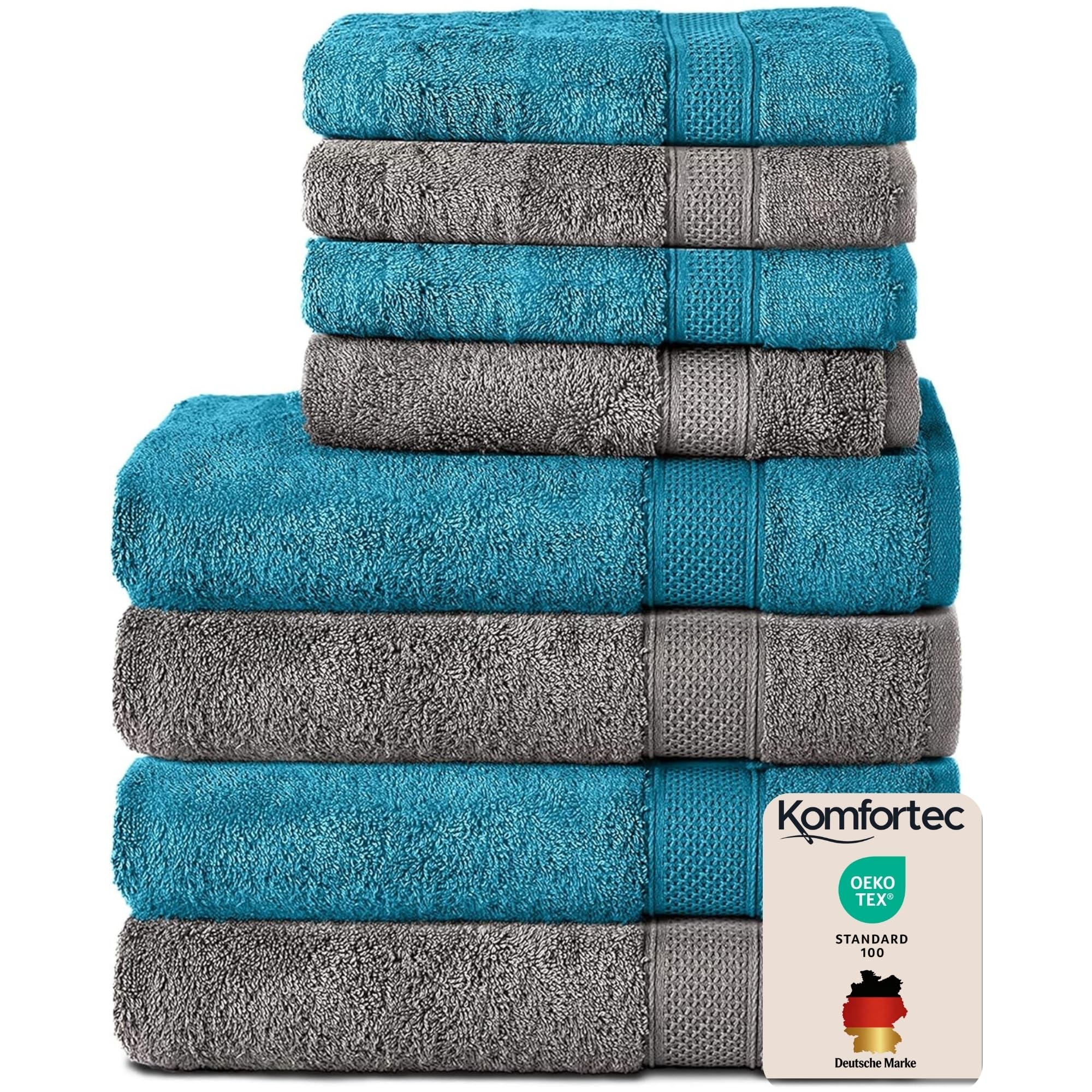 Komfortec Juego de 8 Toallas 100% Algodón – 4 Toallas de Baño 70 x 140 cm y 4 Toallas de Lavabo 50 x 100 cm – Juego de Toallas Suaves y Absorbentes – Antracita/Turquesa
