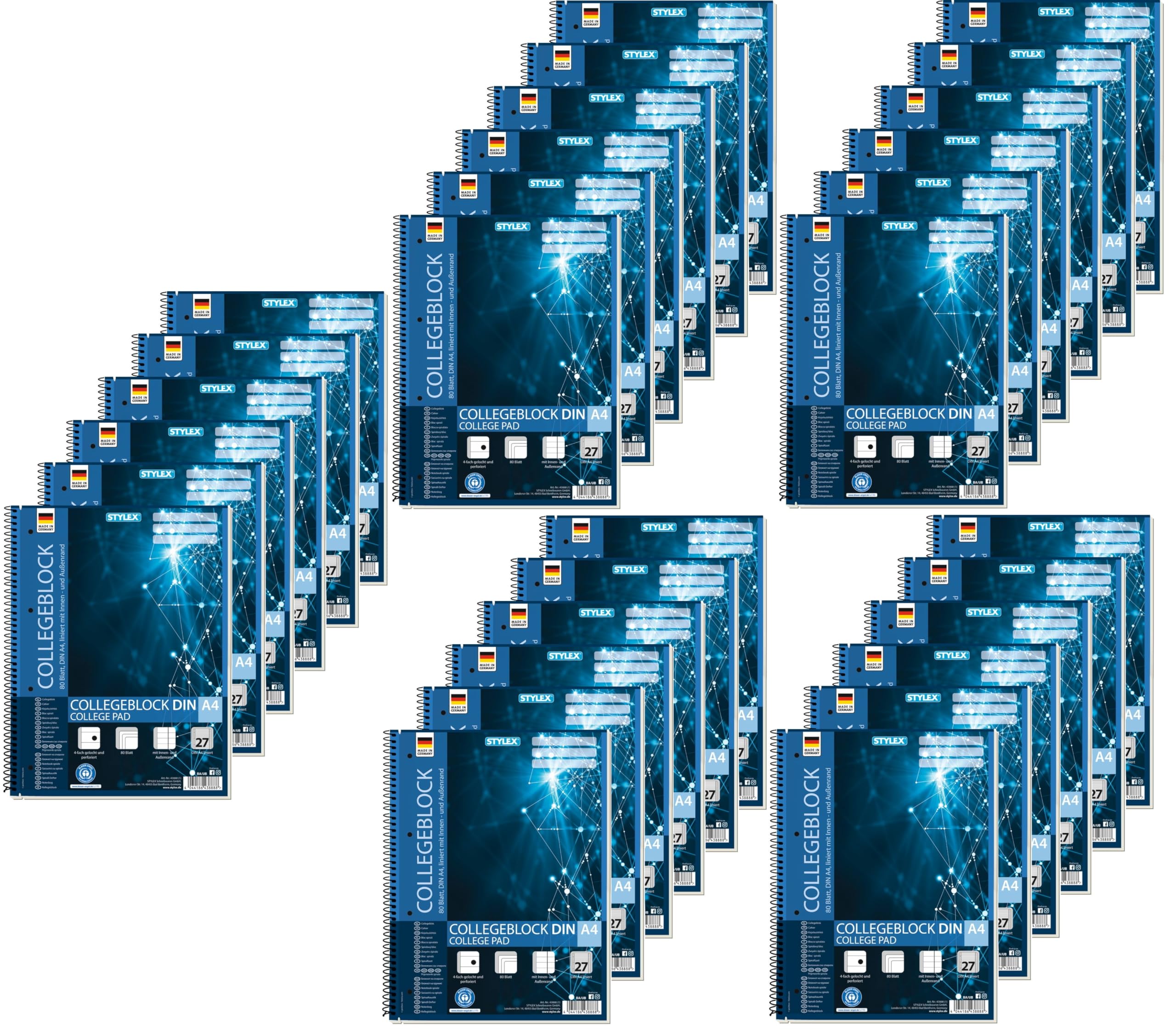 Stylex 43888-P30 - Collegeblock liniert, 30 Stück in DIN A4, je 80 Blatt mit 60 g/m² mit Spiralbindung