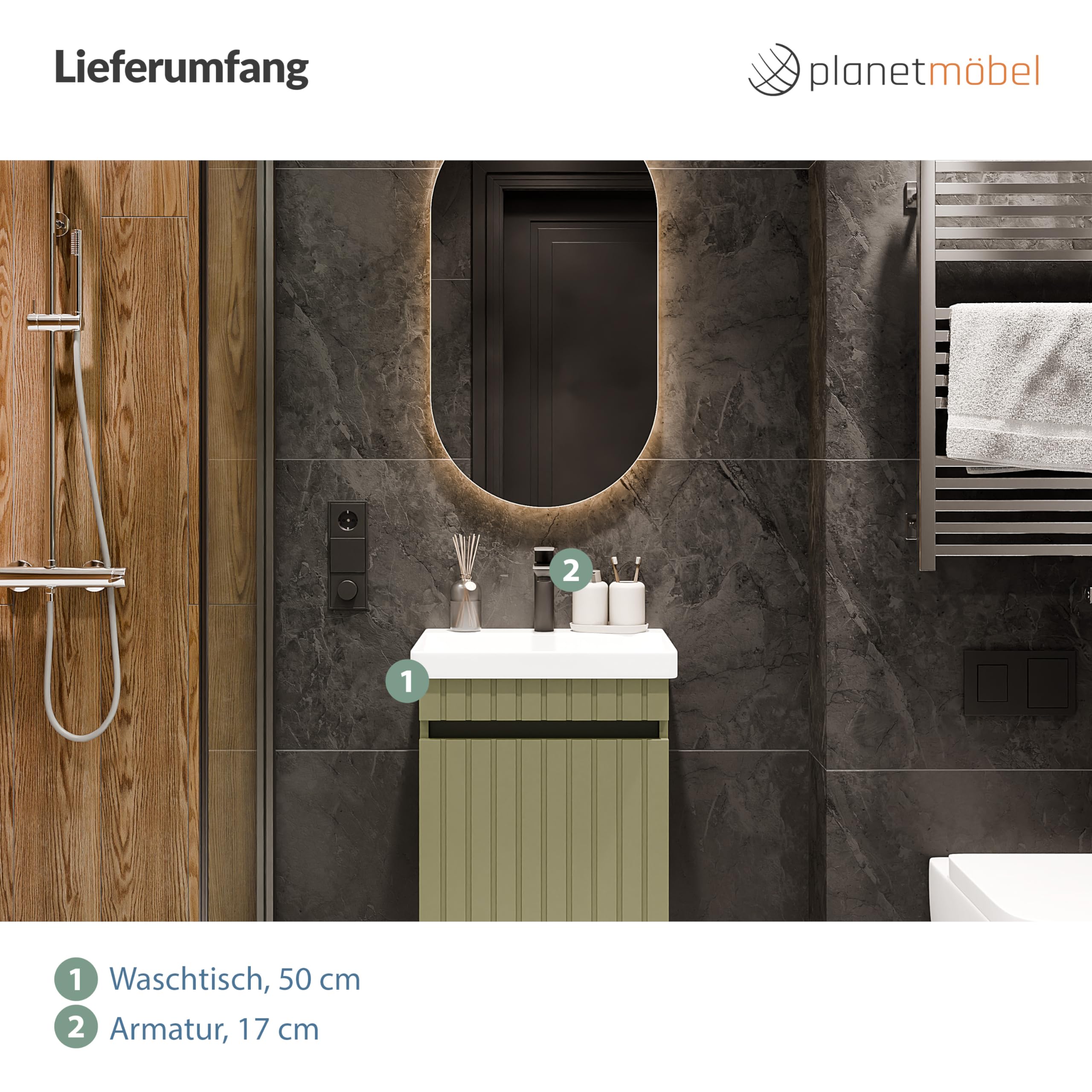 Planetmöbel Cosmia - Set de muebles de baño con lavabo y armario bajo 50 x 60 x 35 cm, color verde menta, grifo de baño negro, lavabo de cerámica con puerta