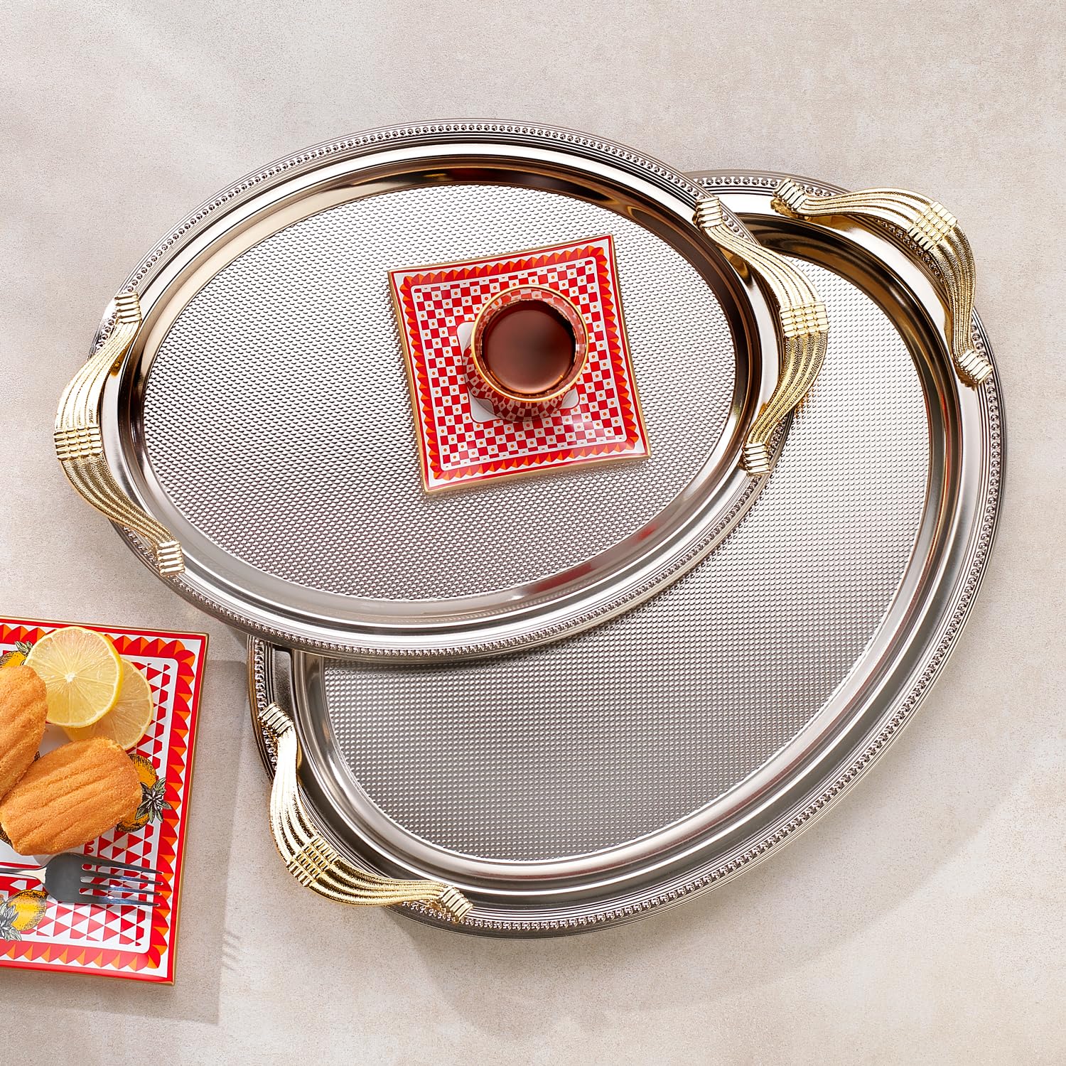 Schafer Ela 2 li Oval Çay Tepsisi-Platin01
