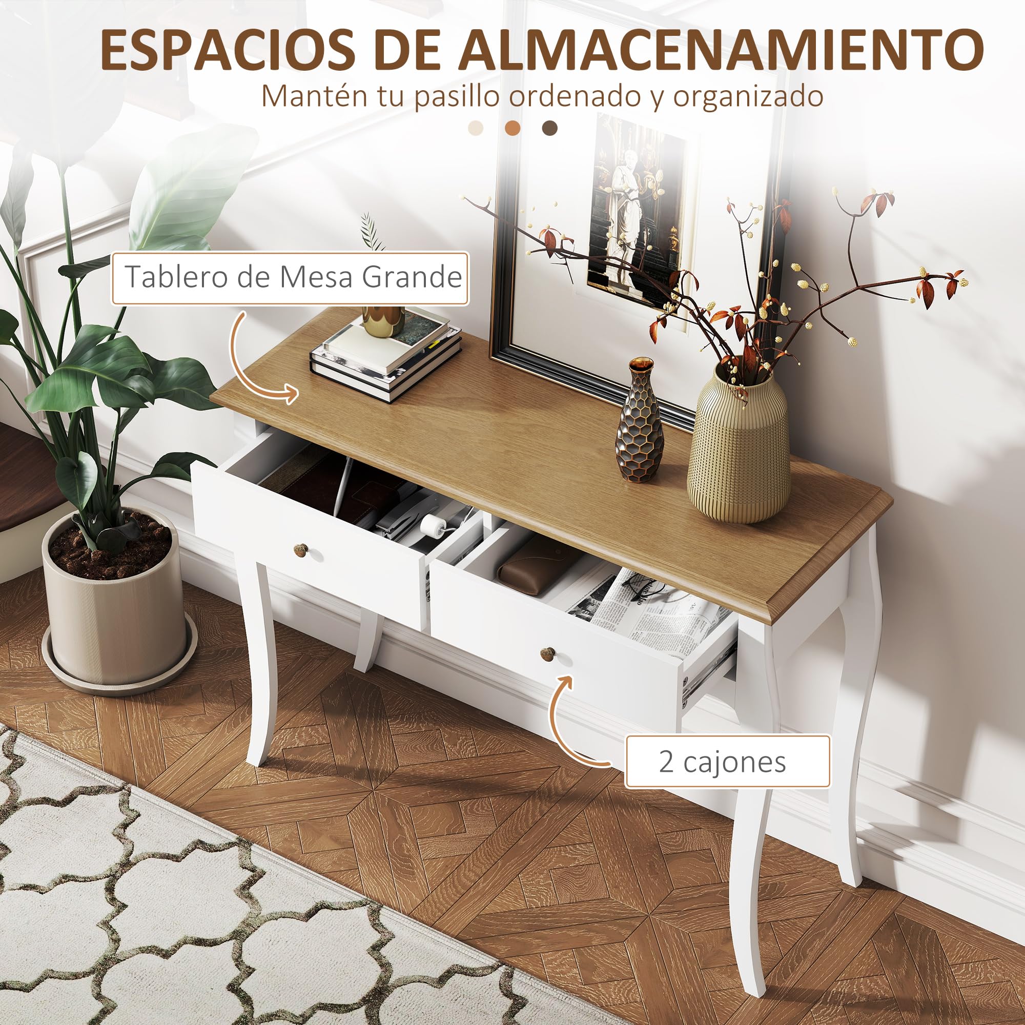 HOMCOM Mesa de Consola con 2 Cajones 100x35x76,5 cm Blanco Marrón Oscuro | Mesa de Entrada, Consola para Recibidor, Estilo Francés, para Pasillo Dormitorio Salón