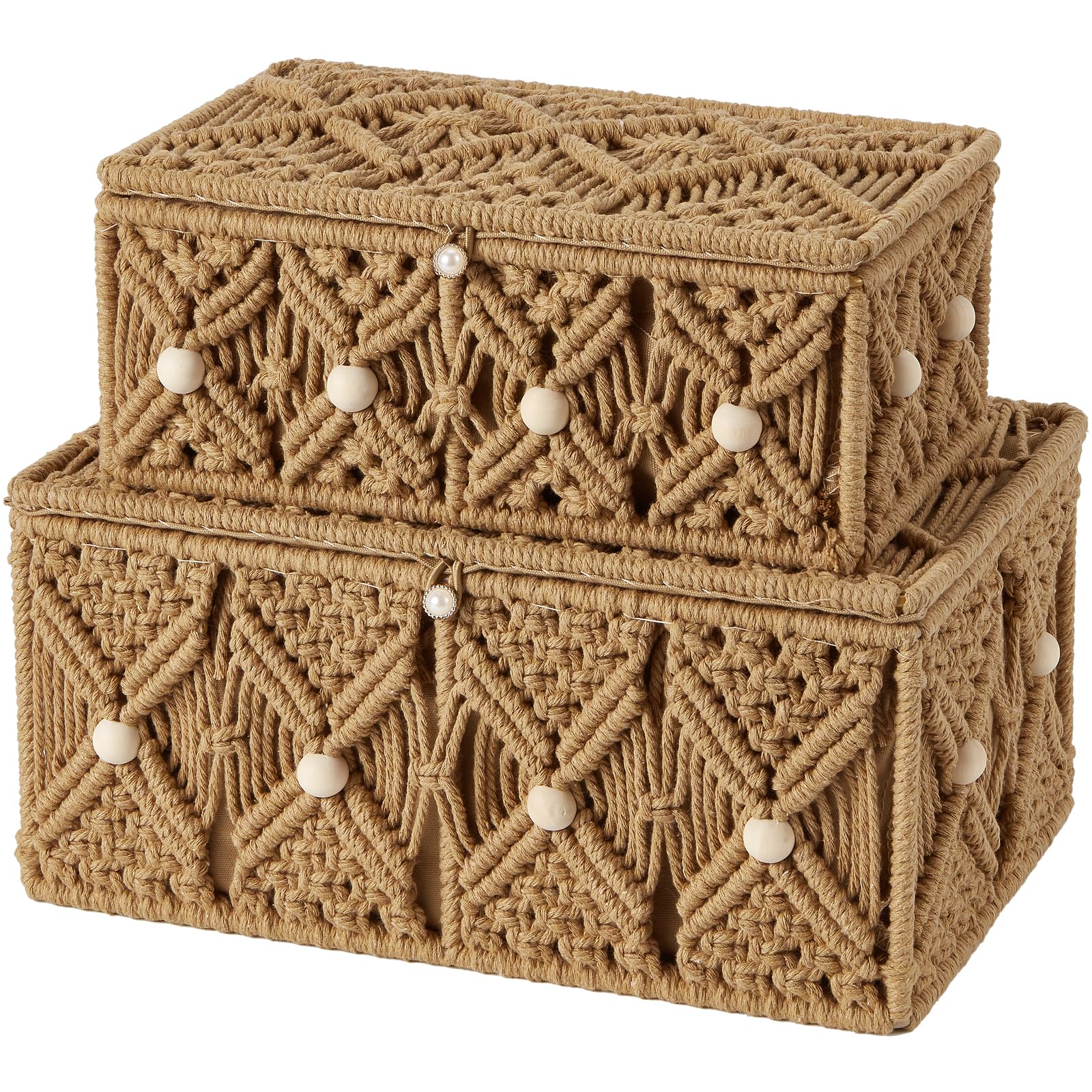 VinneGenzz 2PCS Macrame Boho Storage Basket with Lid Organza Gift Bags Decorative Bohemian Jewelry Box Bin Handmade Woven Natural Cotton Makeup