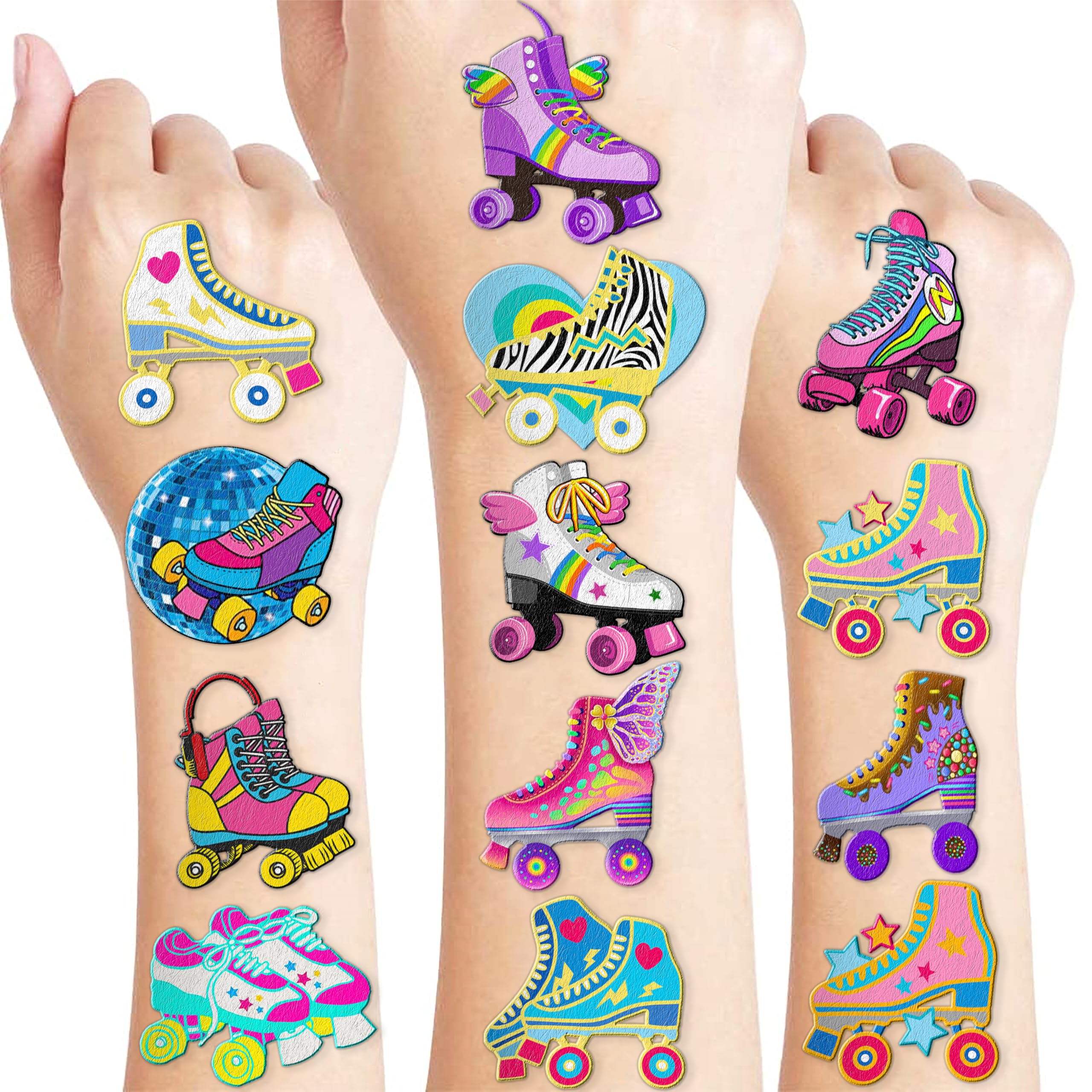 96 PCS Roller Skate Skating Pre-Cut Temporary Tattoos Themed Birthday Party Favors Decorations Supplies Decor Retro 80s 90s Disco Skateboard Tattoo Stickers Gifts For Boys Girls Class (Normal)