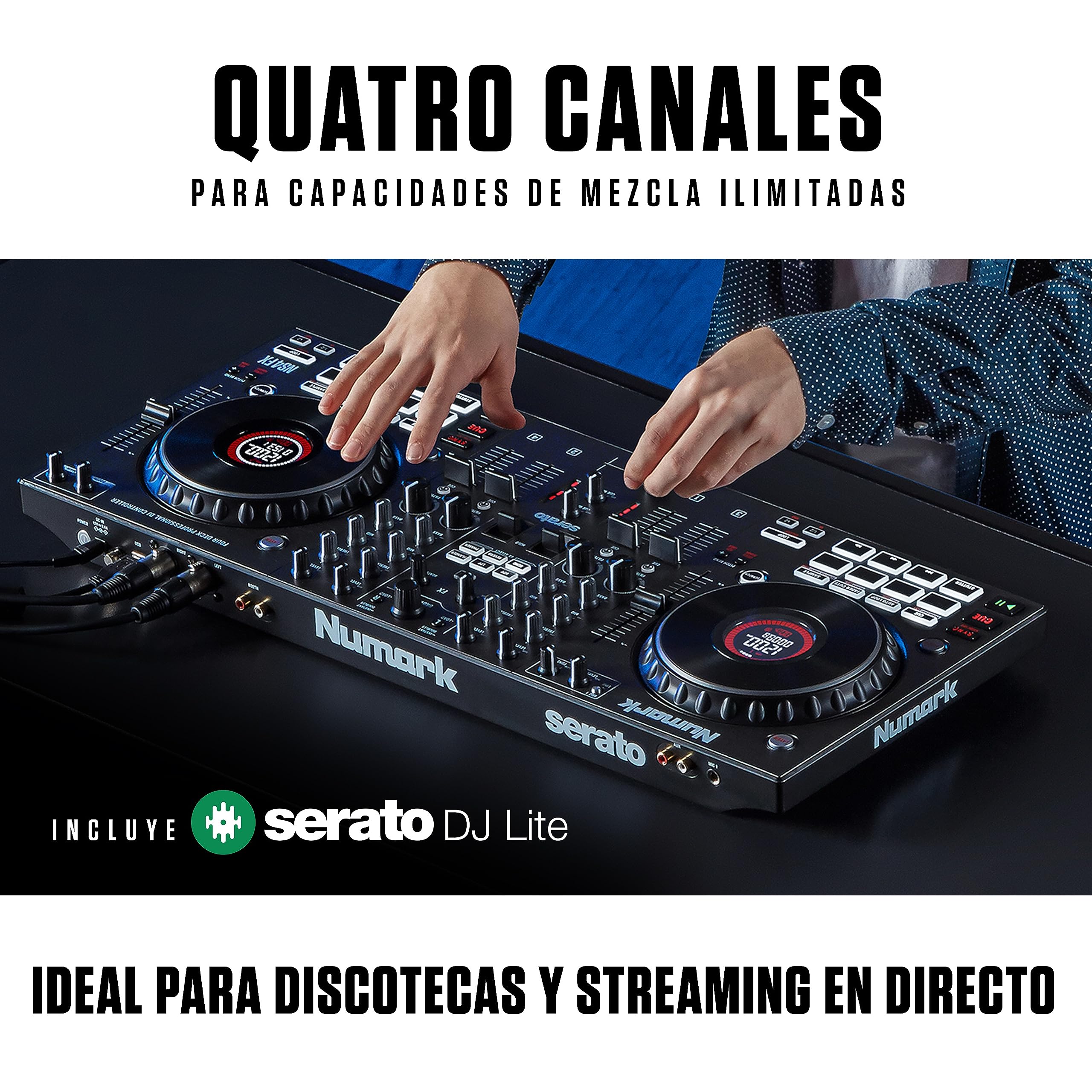Numark NS4FX - Controladora DJ de 4 canales, jog wheels táctiles con pantallas, pads y efectos & HF175 - Auriculares de DJ de diseño cerrado, transductores de 40mm