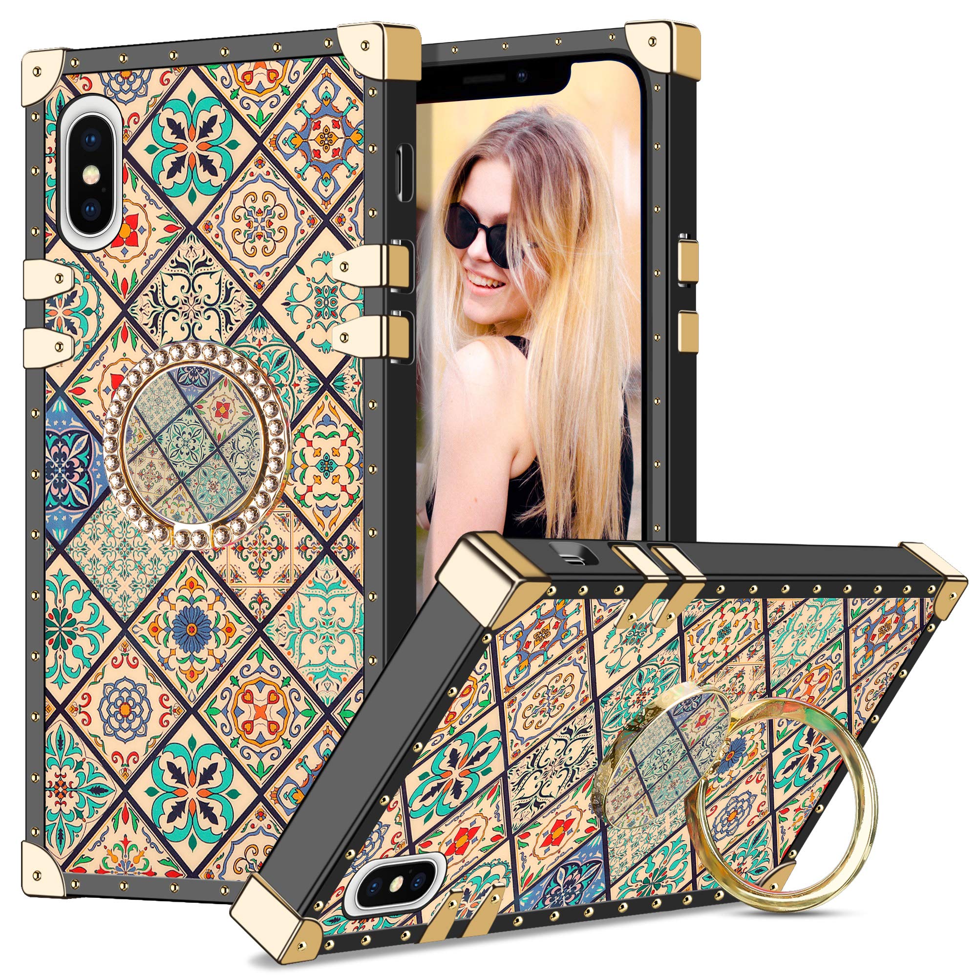 Cooldenfor iPhone XS Max Case with Ring Kickstand Shockproof Case Square Case for Women Girls Metal Decoration Corner Back Soft TPU Protective Case Phone Case Cover for iPhone XS Max (Retro Flower)