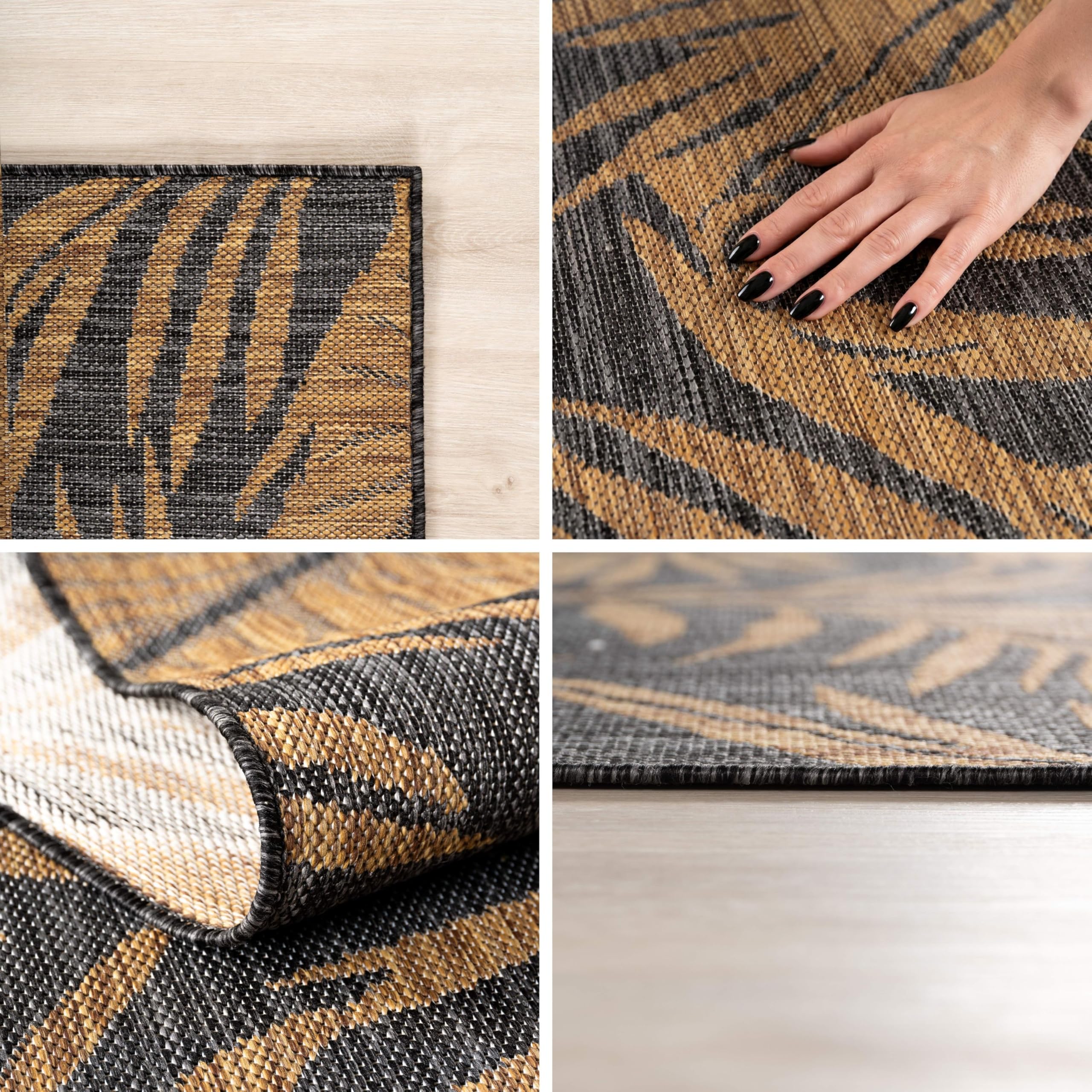 HomebyHome Tapis Extérieur Noir Effet Jute 200x280 cm Balcon Terrasse Jardin Résistant UV Grand XL Motif Palmier Tissage Plat